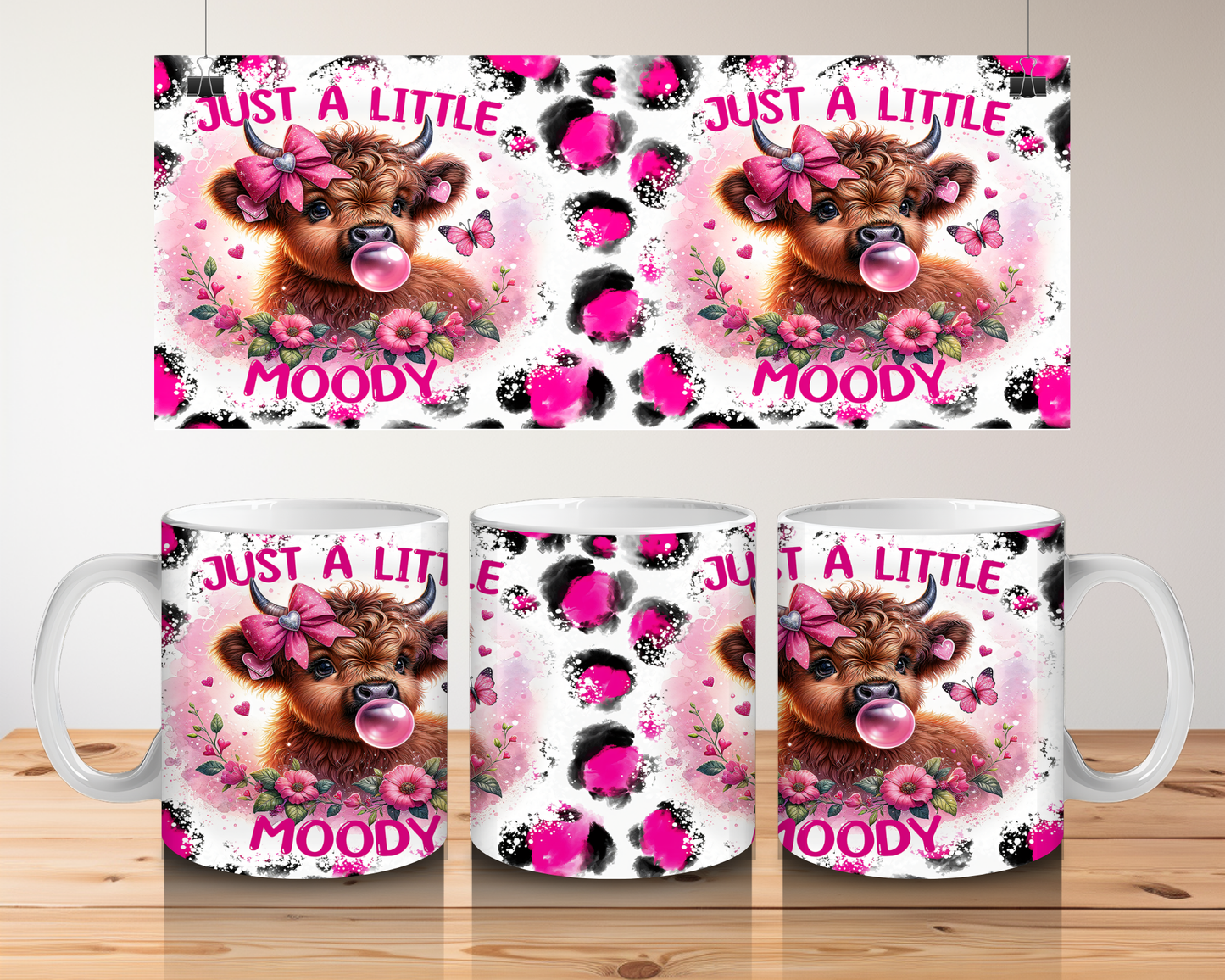 Just a Little Moody Highland Cow Mug - Pink Leopard Print Coffee Cup, Cute Farm Animal Mug, Funny Gift for Her, Novelty Hot Chocolate Mug