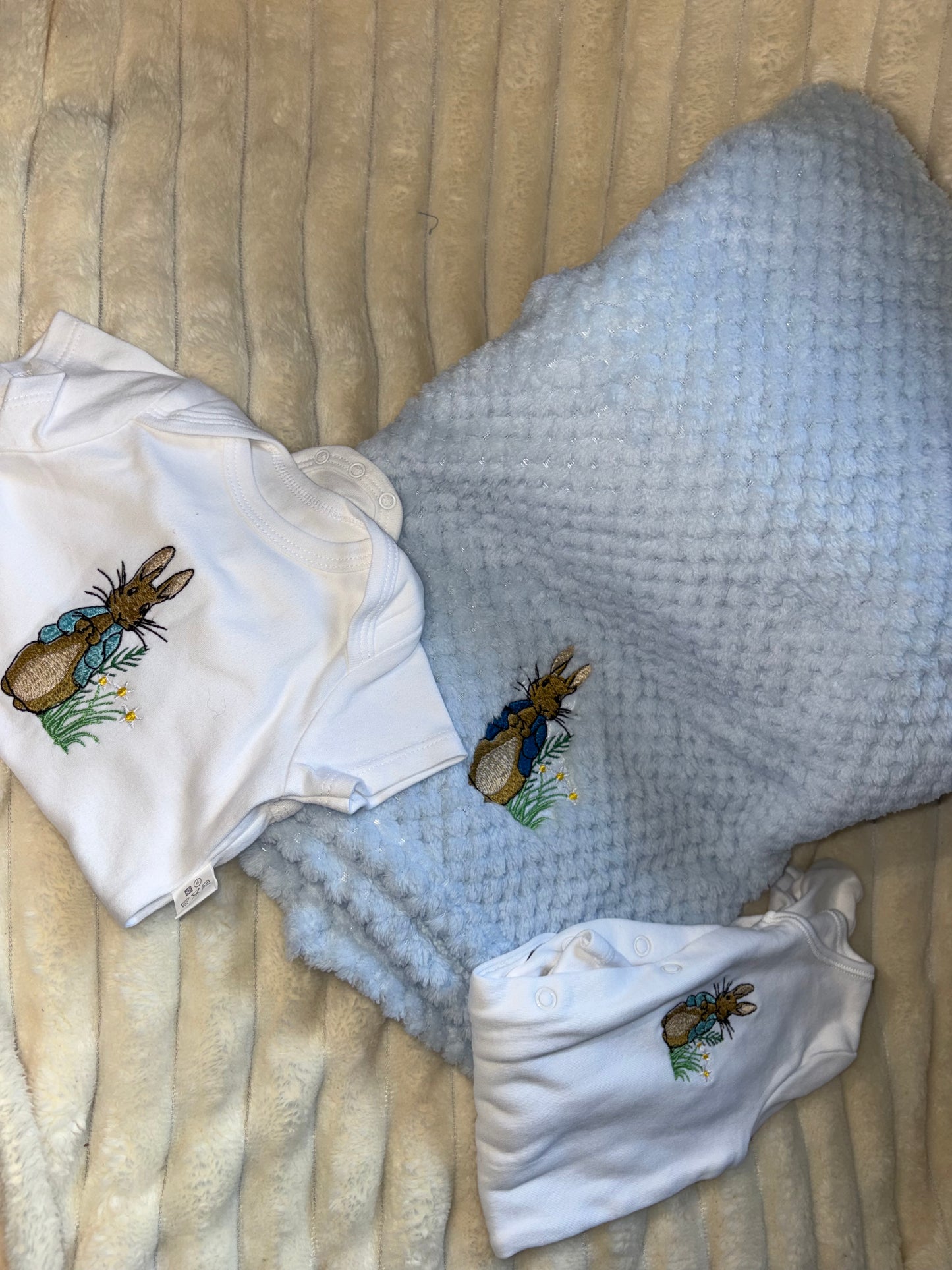 Peter Rabbit Baby Bundle- Blanket, Babygrow and Vest Handmade Embroidered