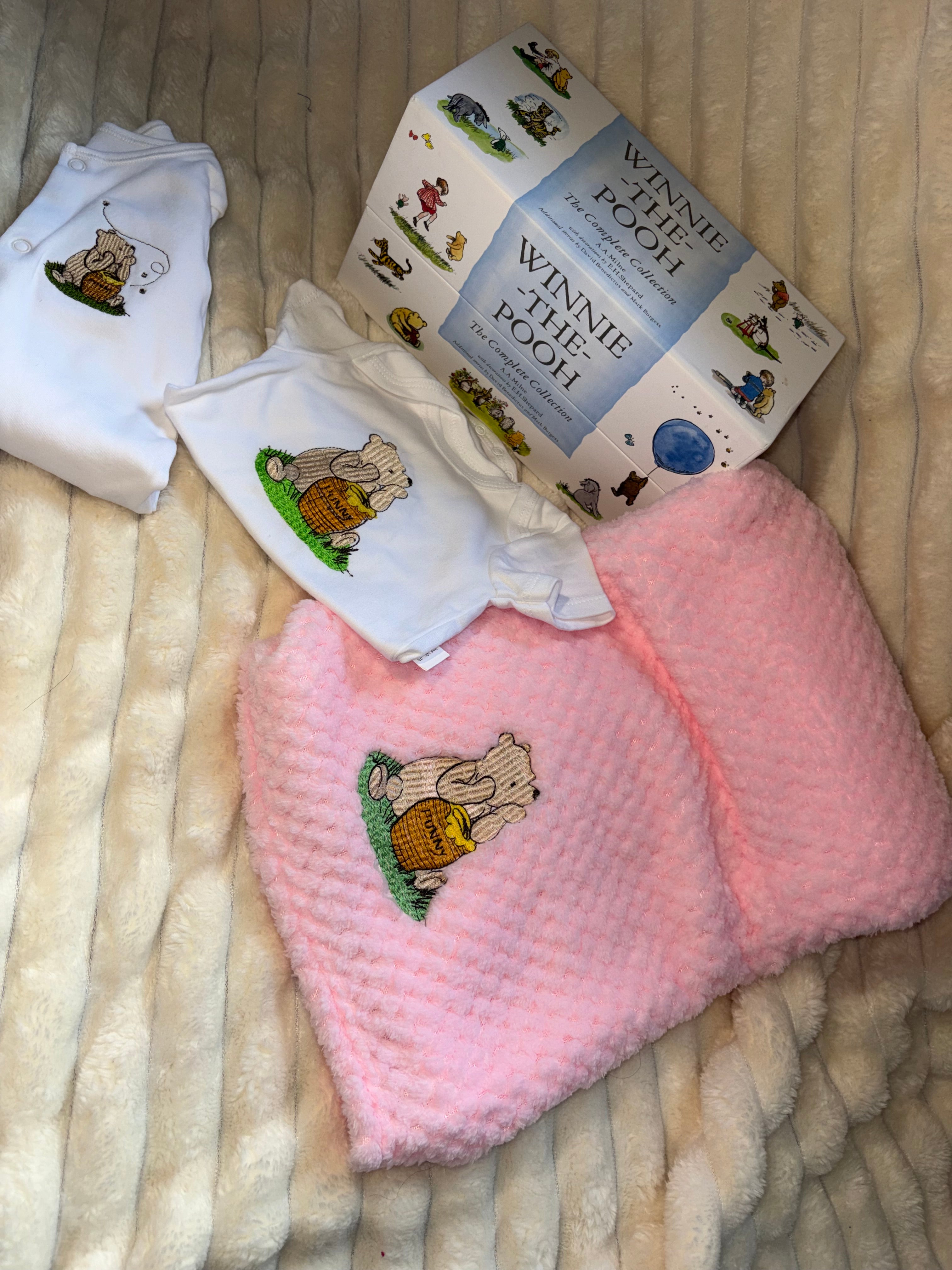 Winnie Pooh Baby Bundle- Pink Blanket, Babygrow and Vest Handmade Embroidered