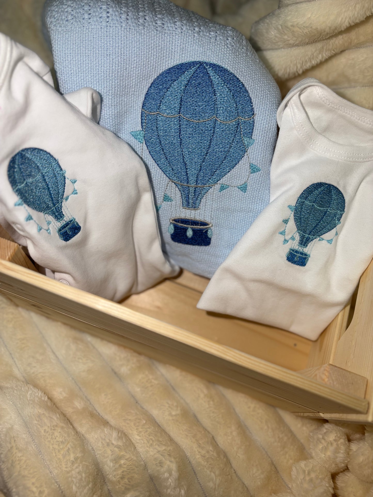 Blue Cellular Blanket, Sleepsuit and Vest Set- Hot Air Balloon Design