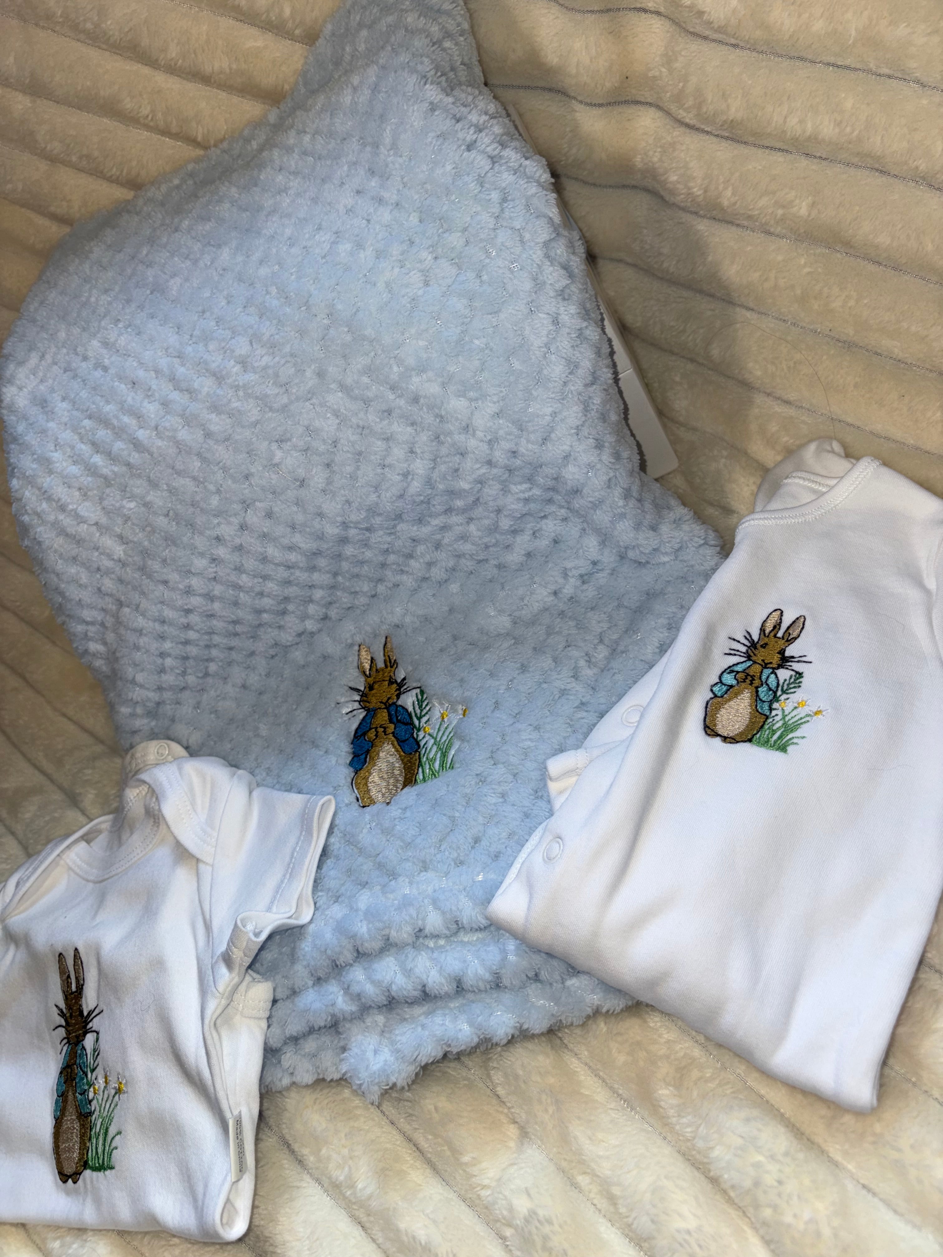 Peter Rabbit Baby Bundle- Blanket, Babygrow and Vest Handmade Embroidered