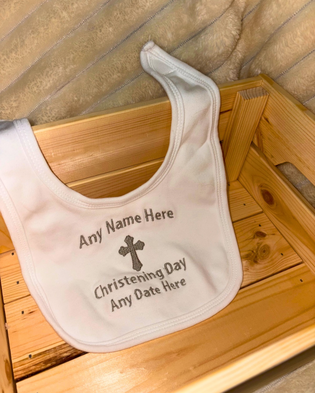 Christening Bib | Velcro fastening bib | 100% cotton |Embroidered | Any Details Can Be Added  | Text also available in pink or blue| Personalised Bib