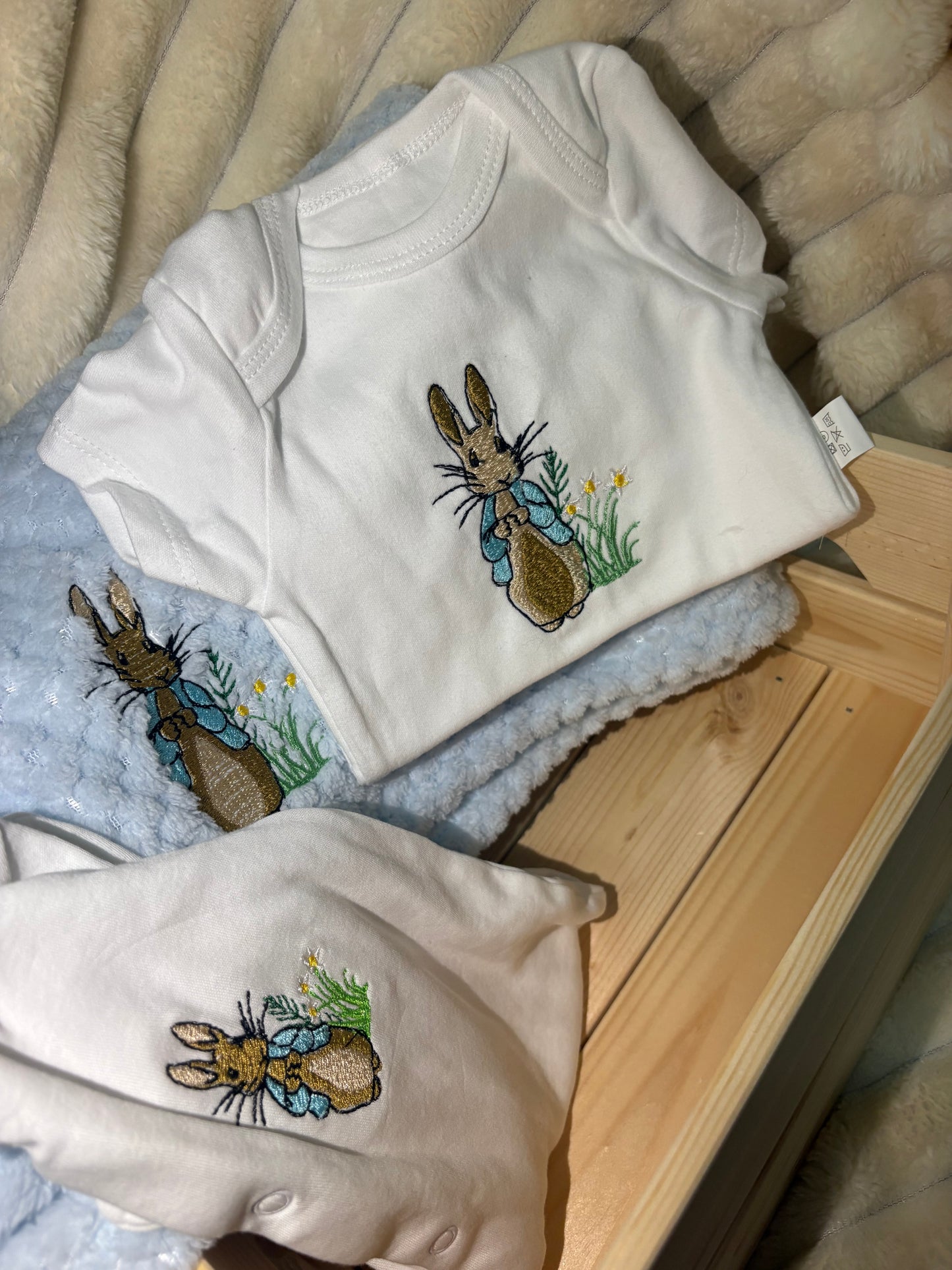 Peter Rabbit Baby Bundle- Blanket, Babygrow and Vest Handmade Embroidered