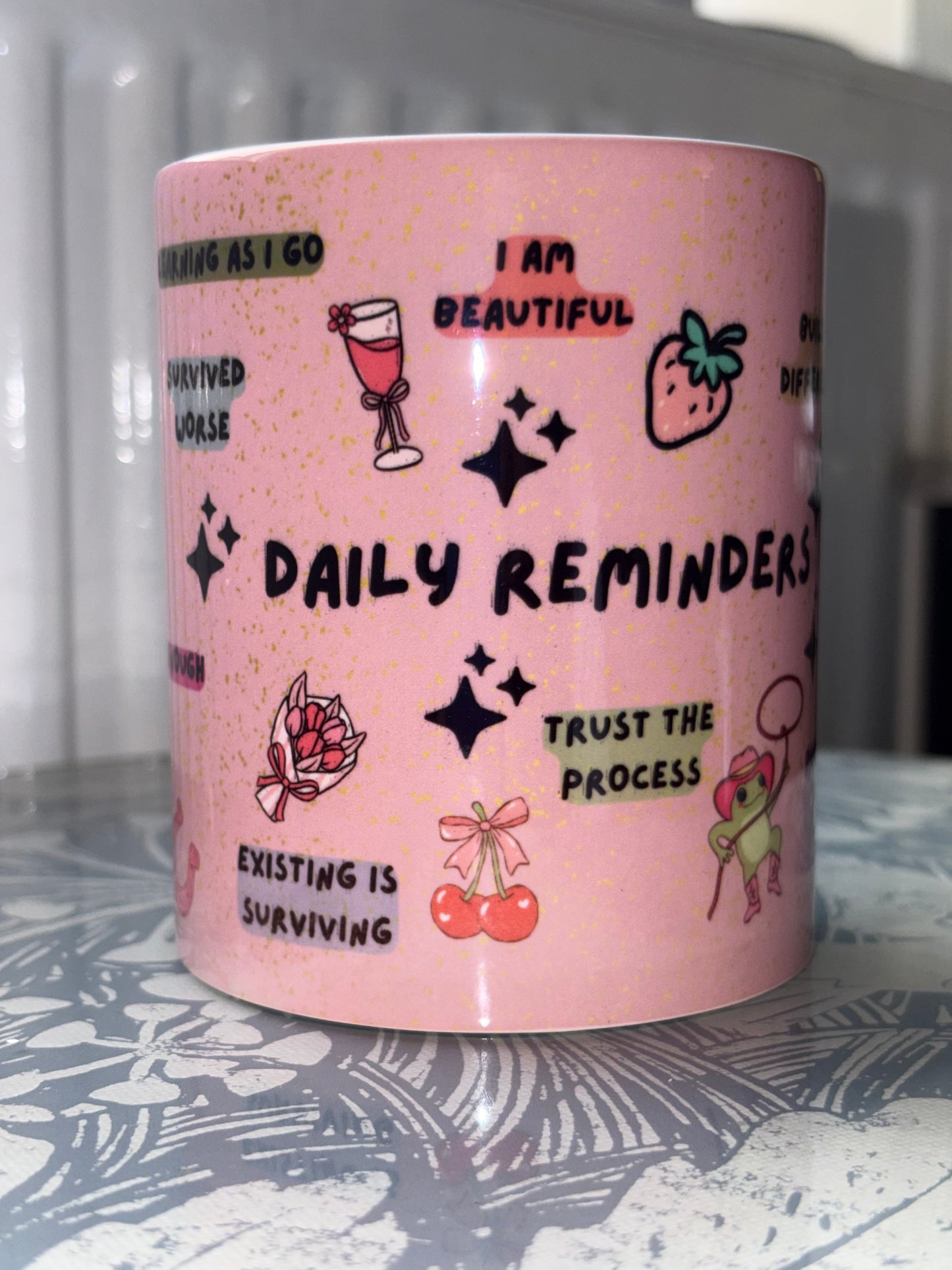 Daily Reminders Affirmation Mug - Pink Self Care Coffee Cup - Positive Quote Mug - Mental Health Gift for Her - Wrap Around Design Mug