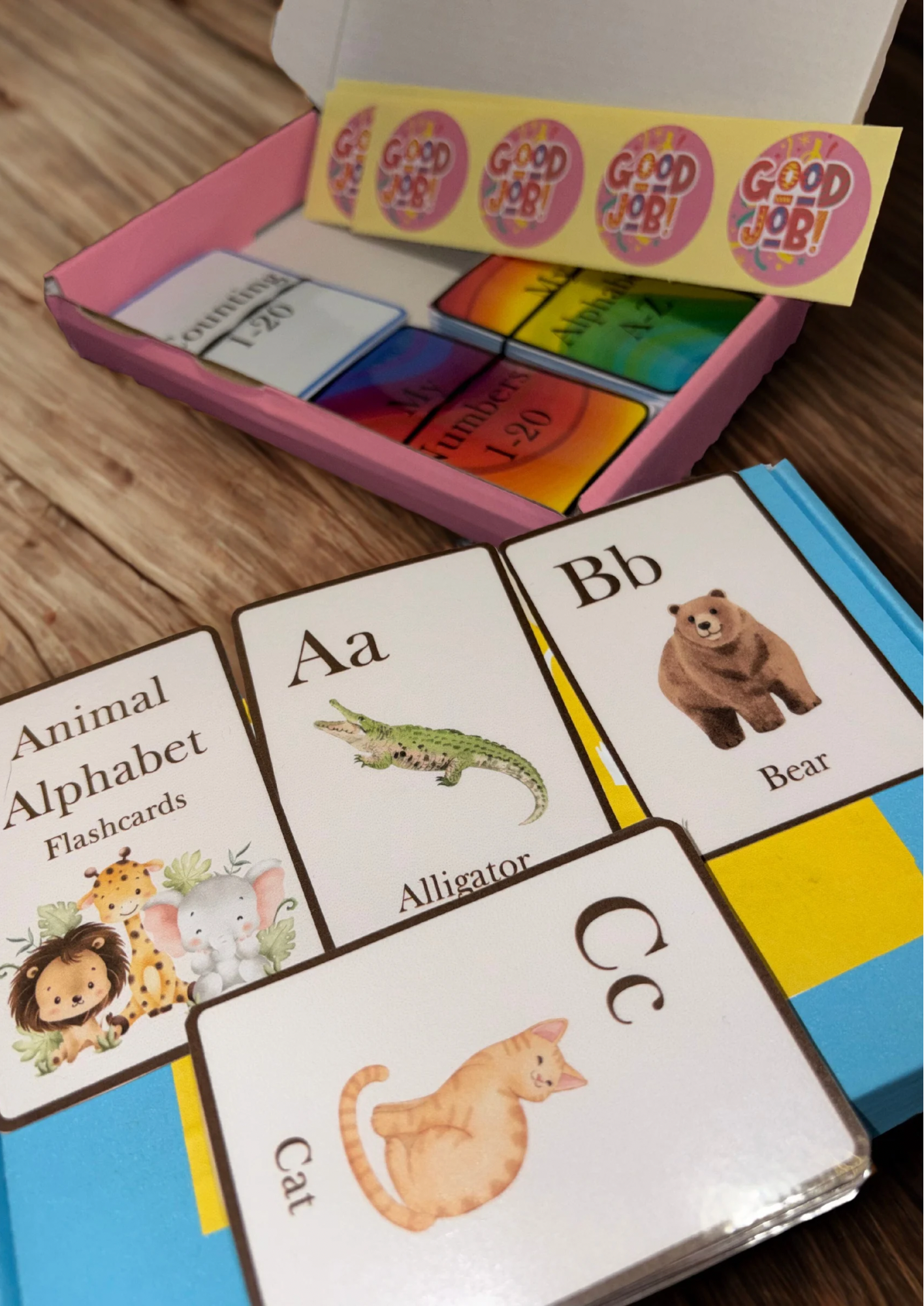 Toddler Flash Card Learning Box | Alphabet & Numbers 1–20 | Rainbow and Animal Cards | Includes Stickers