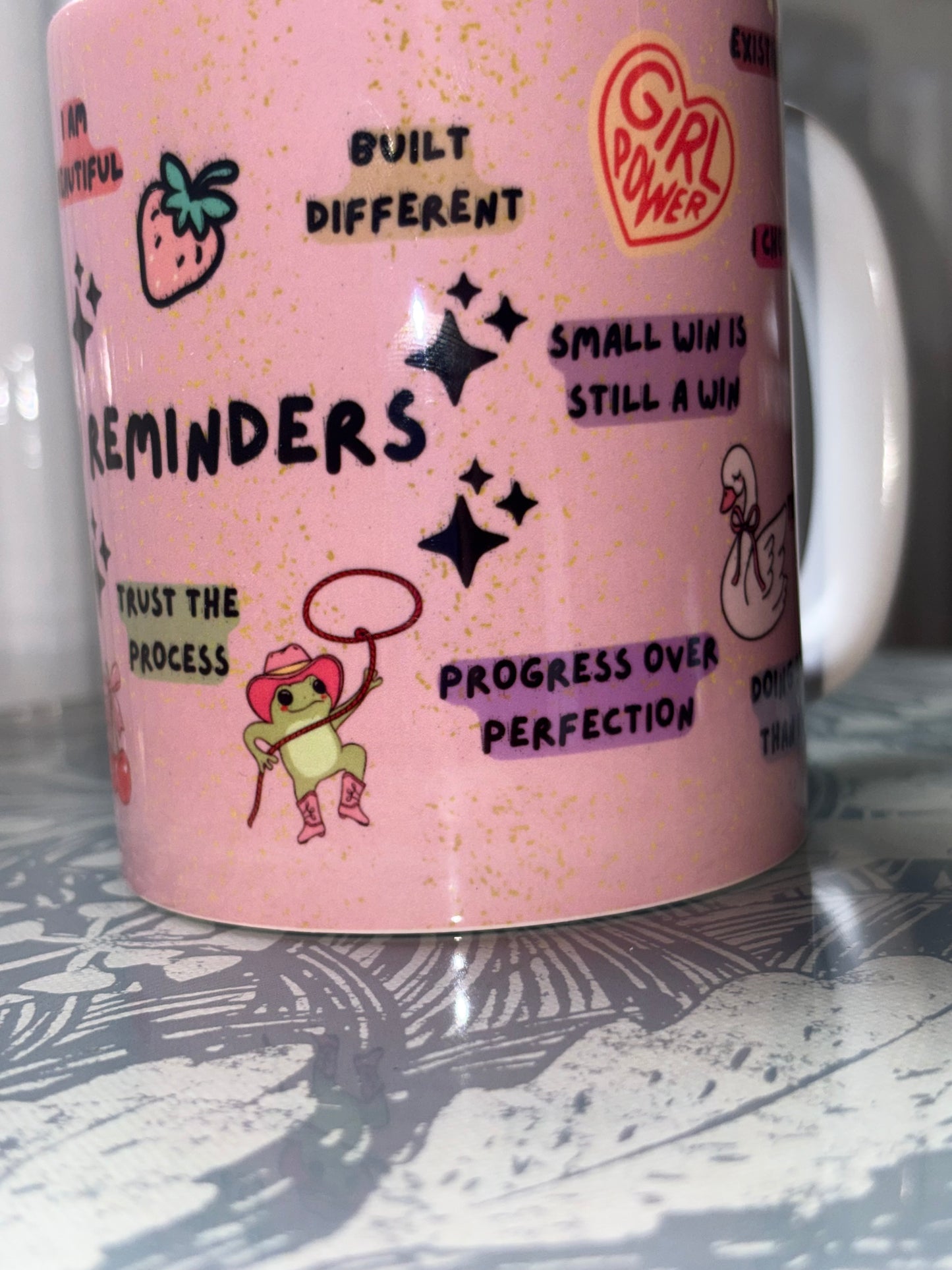 Daily Reminders Affirmation Mug - Pink Self Care Coffee Cup - Positive Quote Mug - Mental Health Gift for Her - Wrap Around Design Mug