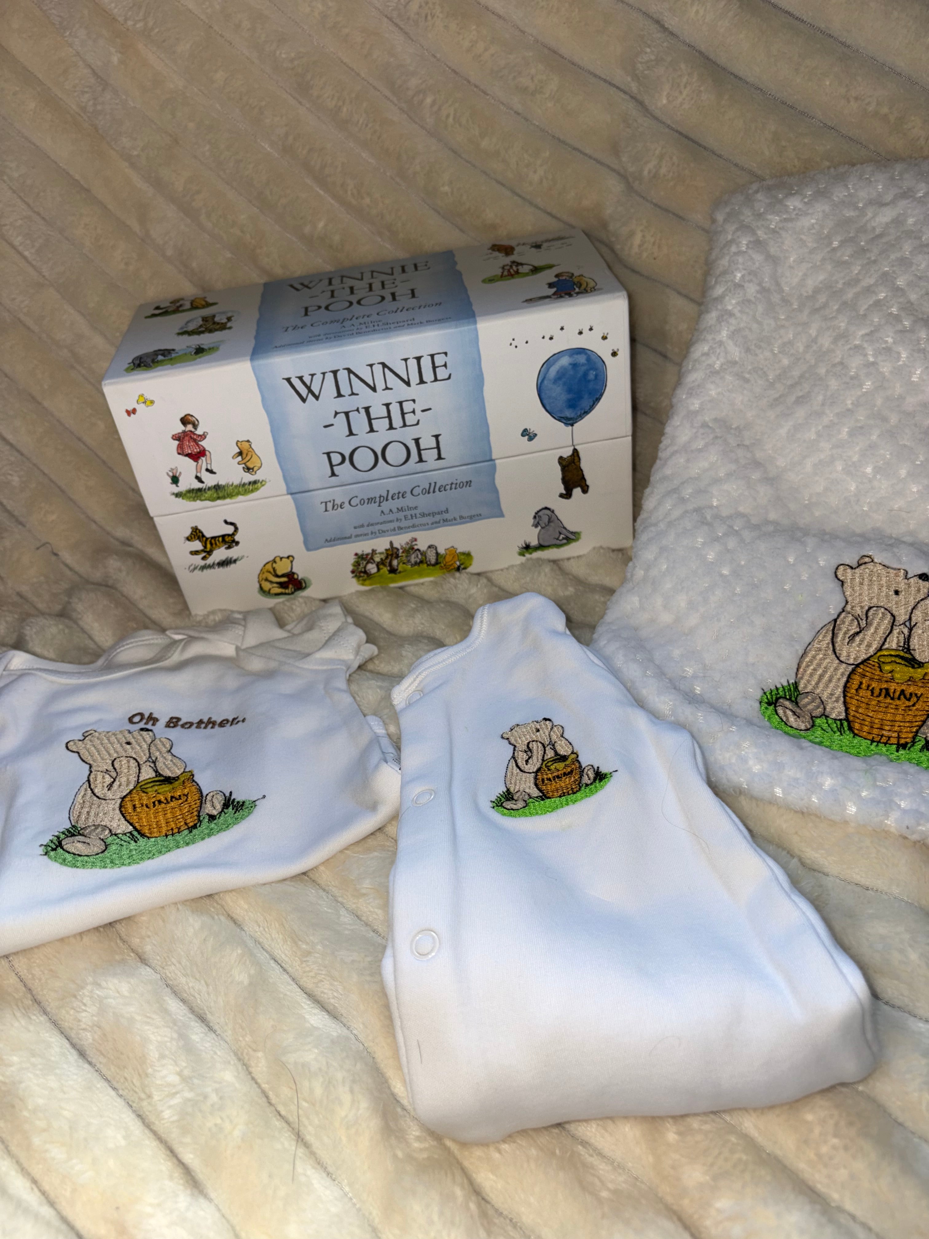 Winnie Pooh Baby Bundle- White Blanket, Babygrow and Vest Handmade Embroidered