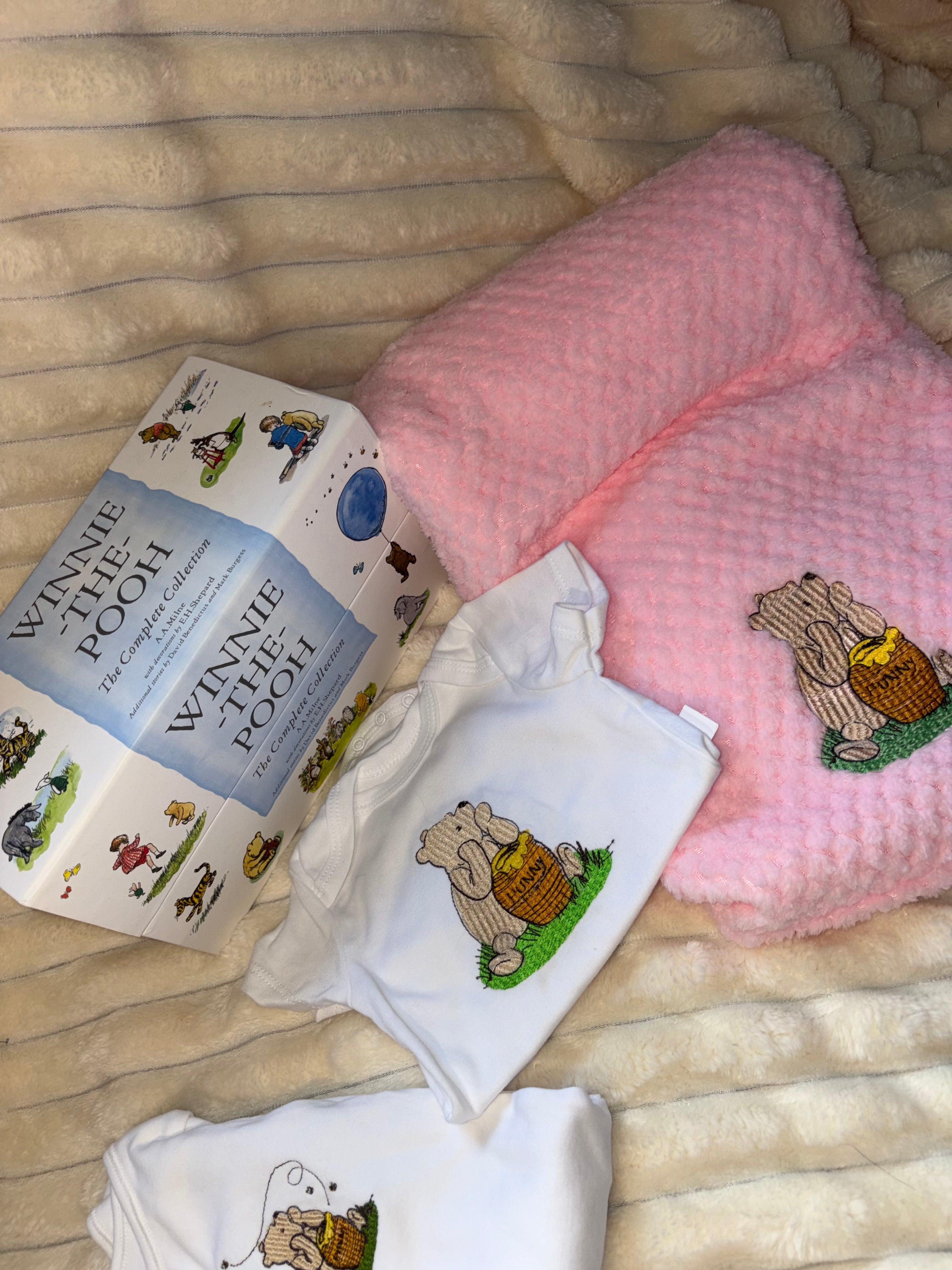 Winnie Pooh Baby Bundle- Pink Blanket, Babygrow and Vest Handmade Embroidered
