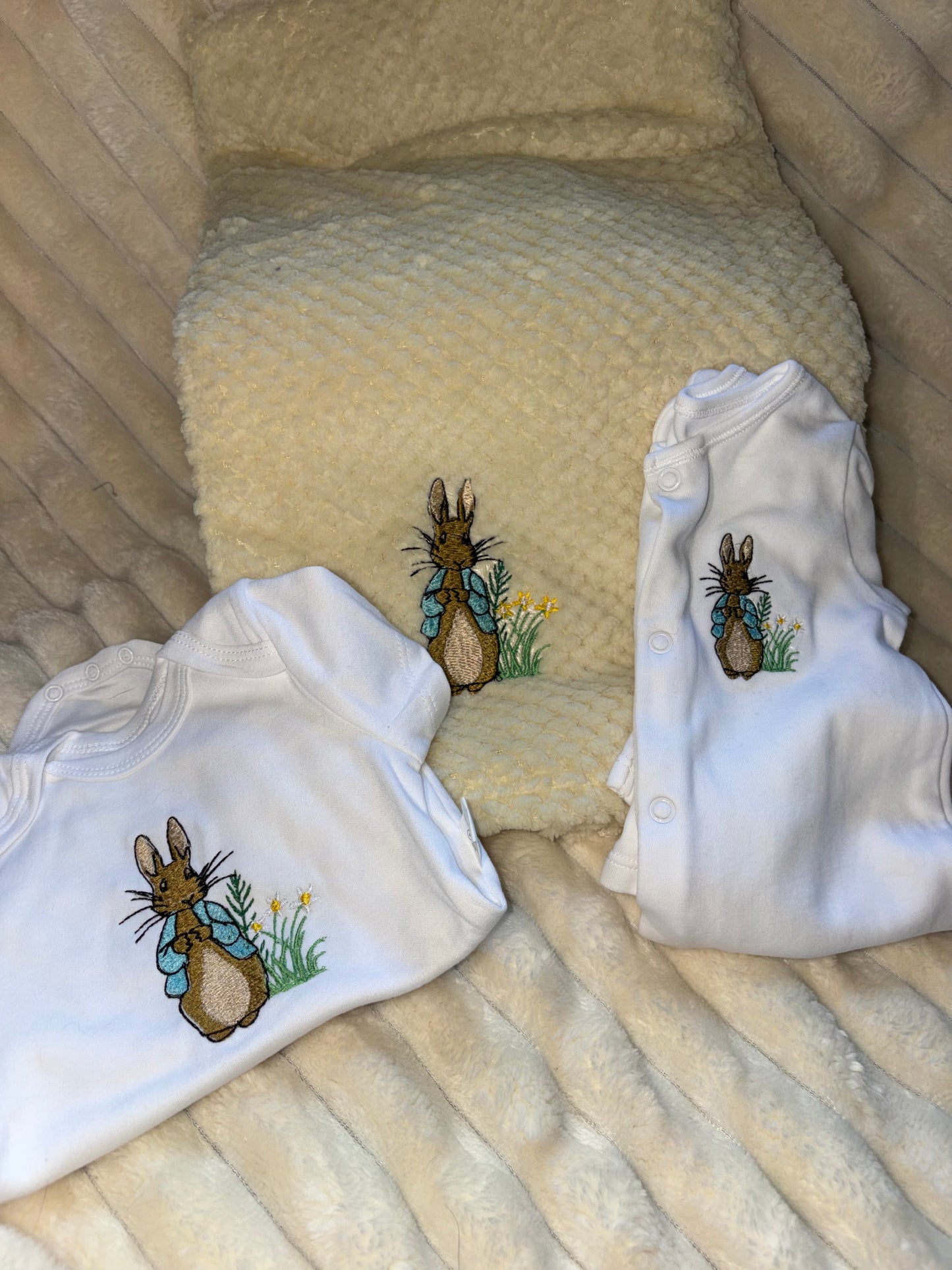 Peter Rabbit Baby Bundle- Pale Yellow Blanket, Babygrow and Vest Handmade Embroidered