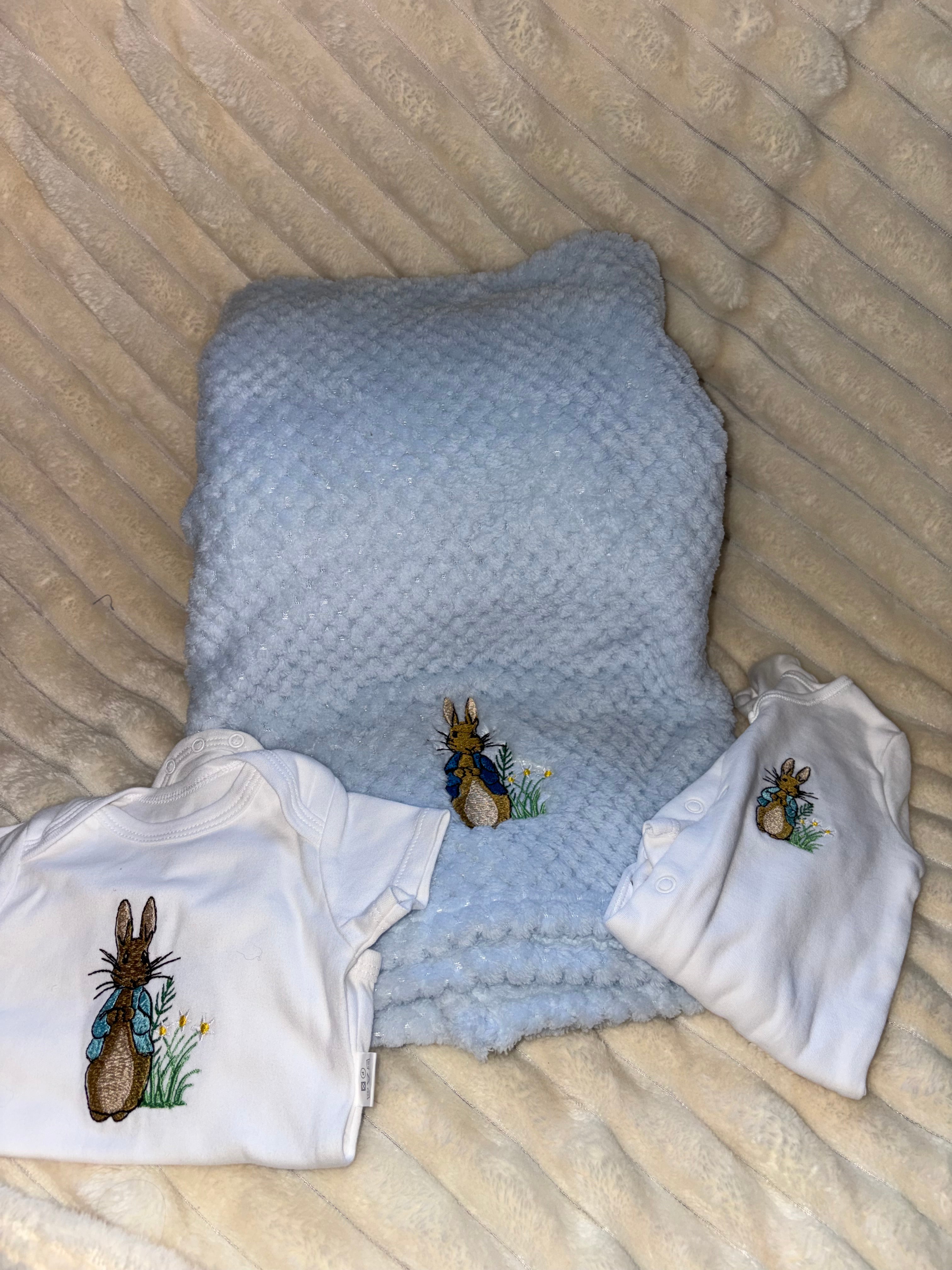 Peter Rabbit Baby Bundle- Blanket, Babygrow and Vest Handmade Embroidered