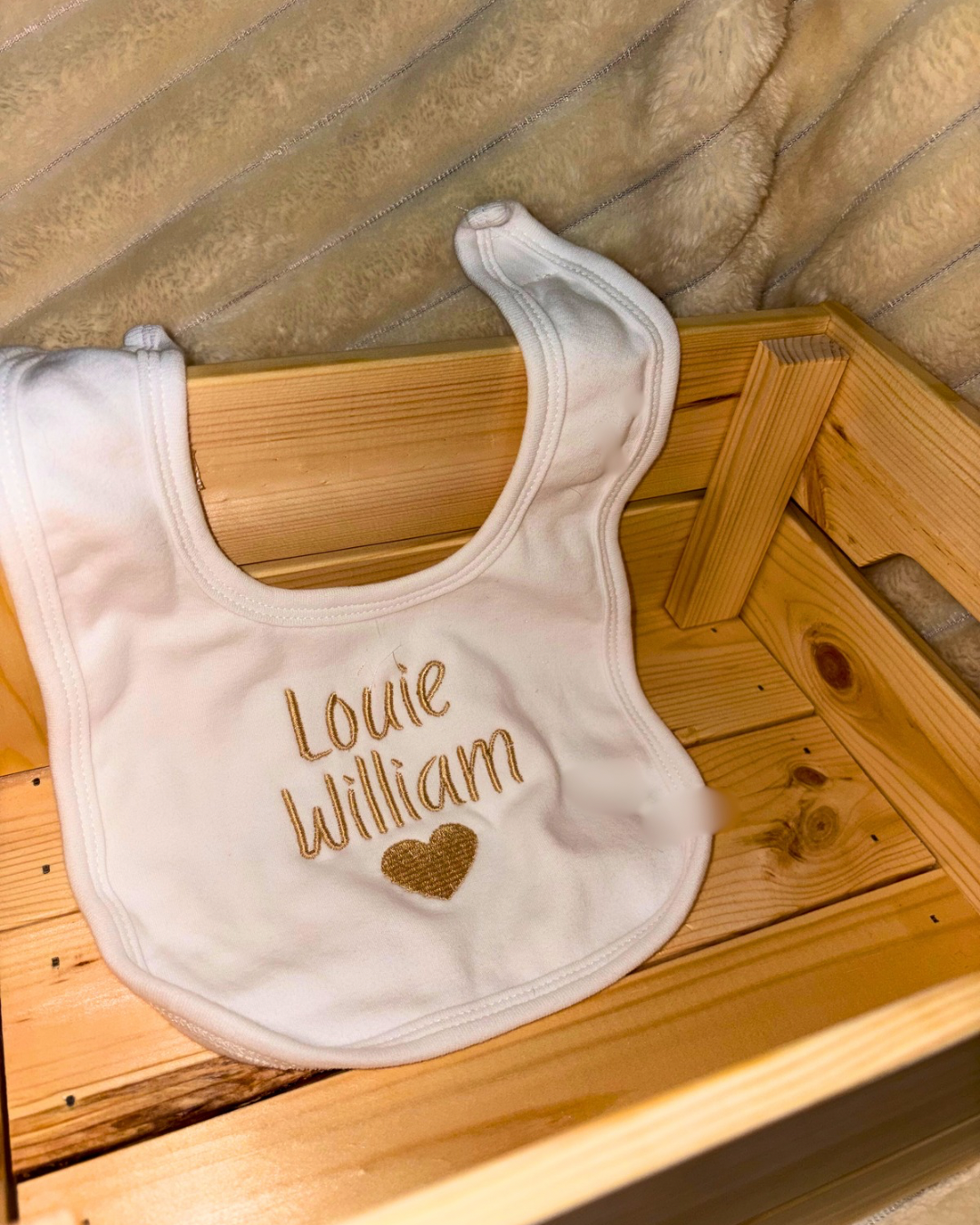 Personalised Baby Name Bib –  Embroidered Heart Design | Velcro fastening bib | 100% cotton | Also available in other colours