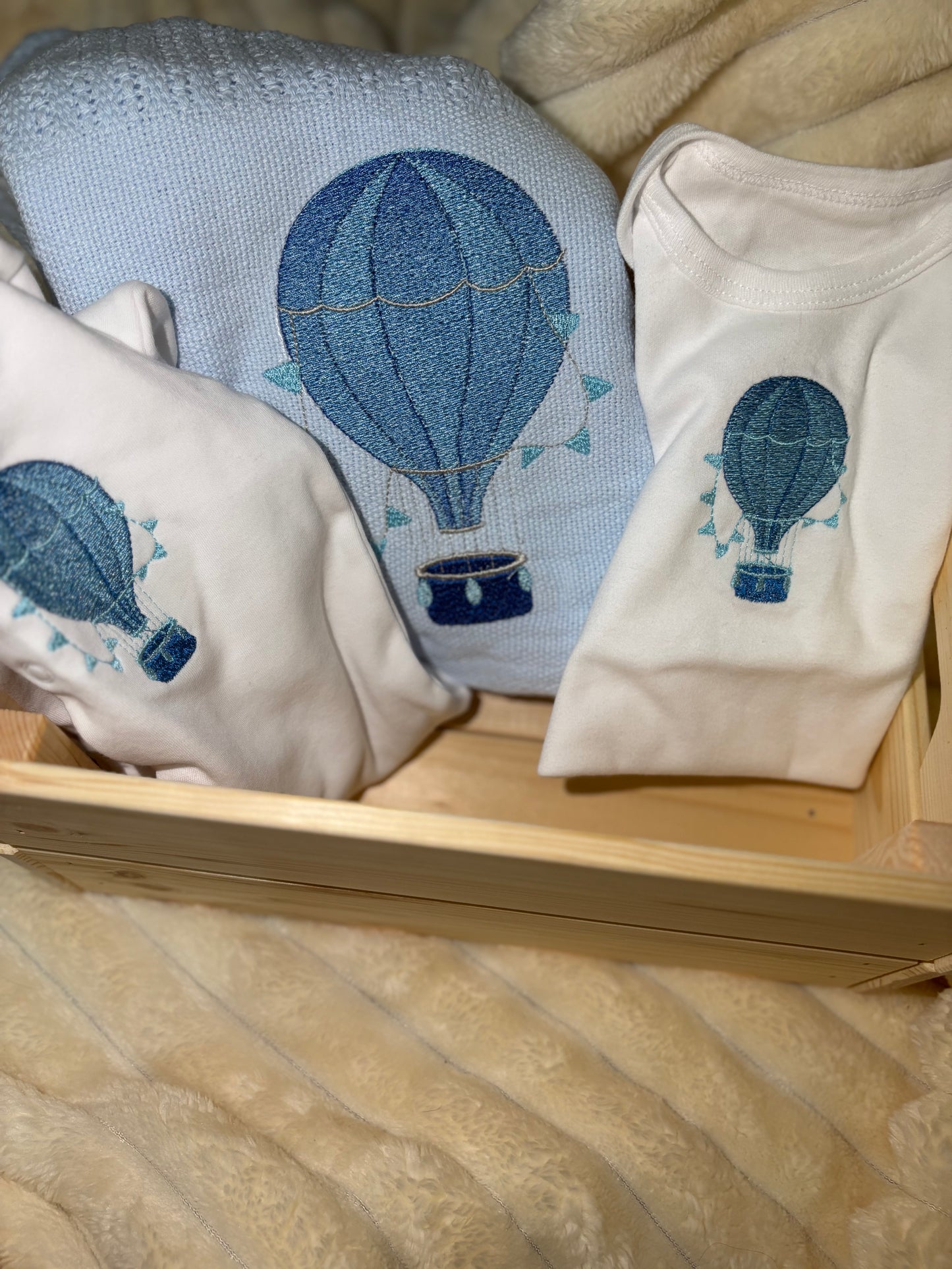 Blue Cellular Blanket, Sleepsuit and Vest Set- Hot Air Balloon Design