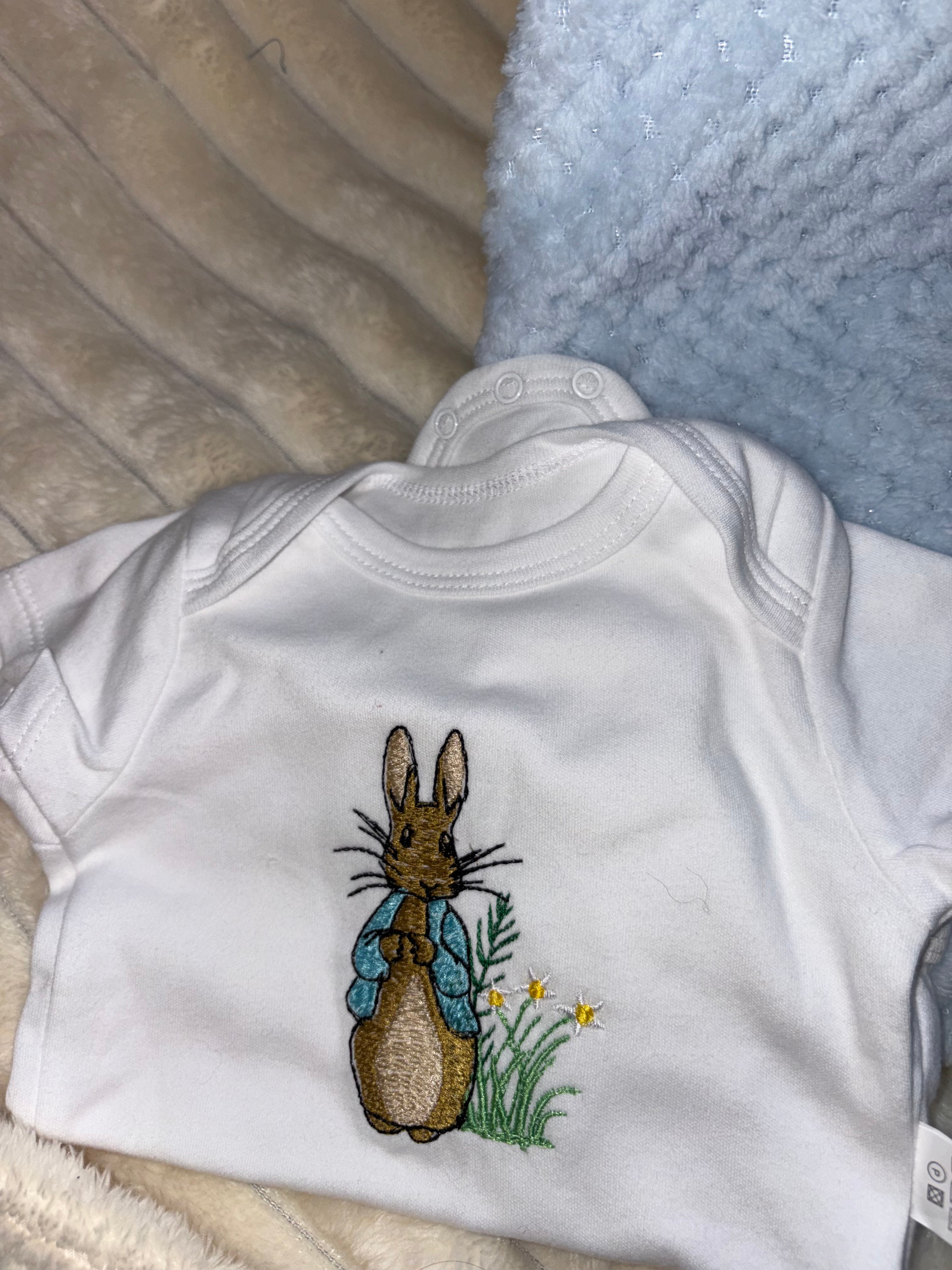 Peter Rabbit Baby Bundle- Blanket, Babygrow and Vest Handmade Embroidered