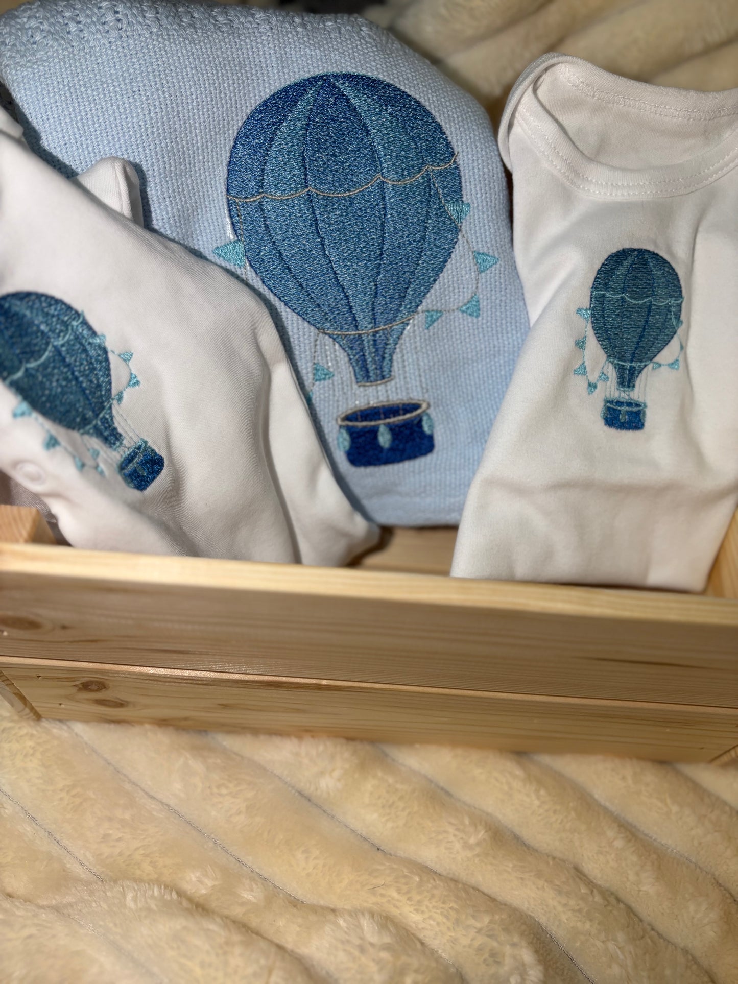 Blue Cellular Blanket, Sleepsuit and Vest Set- Hot Air Balloon Design