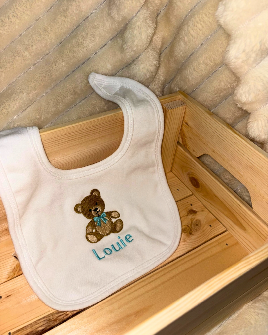 Personalised Baby Name Bib –  Embroidered Teddy Bear Design | Velcro fastening bib | 100% cotton | Bear available in pink or blue