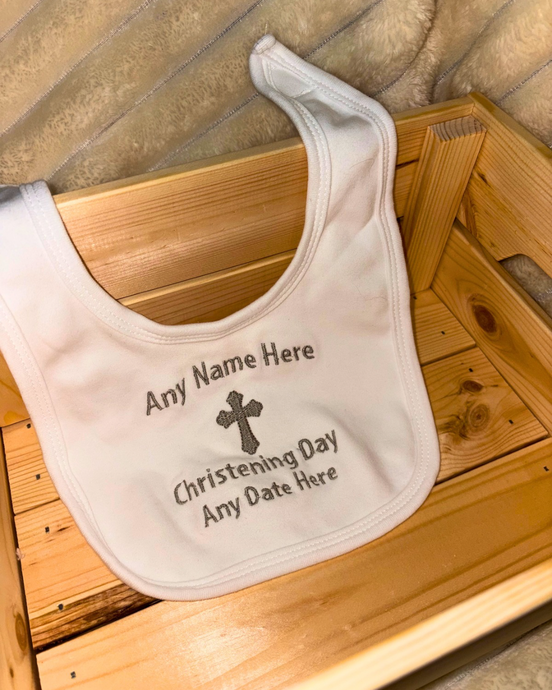 Christening Bib | Velcro fastening bib | 100% cotton |Embroidered | Any Details Can Be Added  | Text also available in pink or blue| Personalised Bib