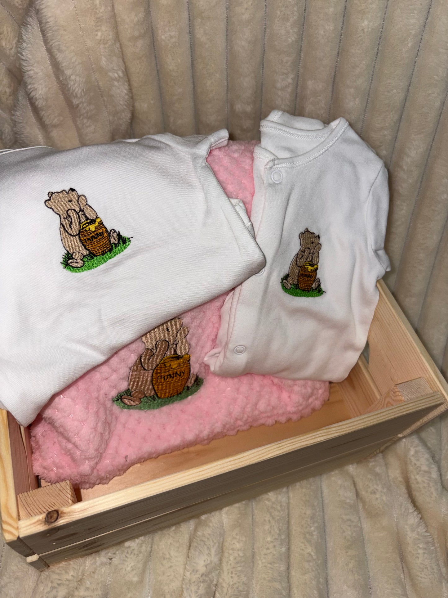 Winnie Pooh Baby Bundle- Pink Blanket, Babygrow and Vest Handmade Embroidered