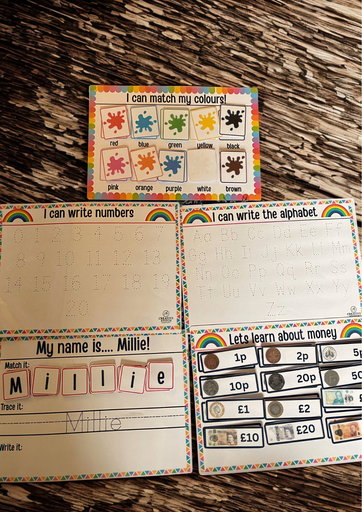 Early Learning Activity Bundle | Name Tracing, Alphabet & Numbers Tracing, Colour Match  UK Money Match | Reusable Velcro Wipe Clean Mats