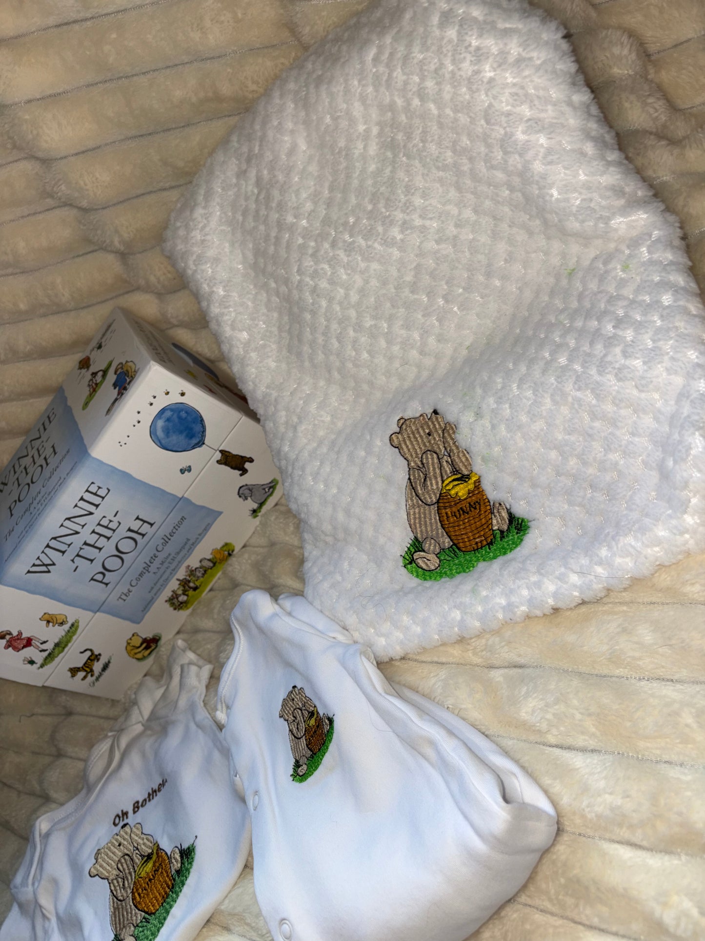 Winnie Pooh Baby Bundle- White Blanket, Babygrow and Vest Handmade Embroidered