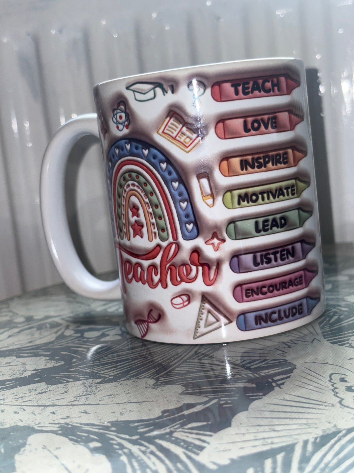 Teacher Mug - 3D Effect Rainbow Design - Gift for Teachers - Teach Love Inspire Cup - Wrap Around Design