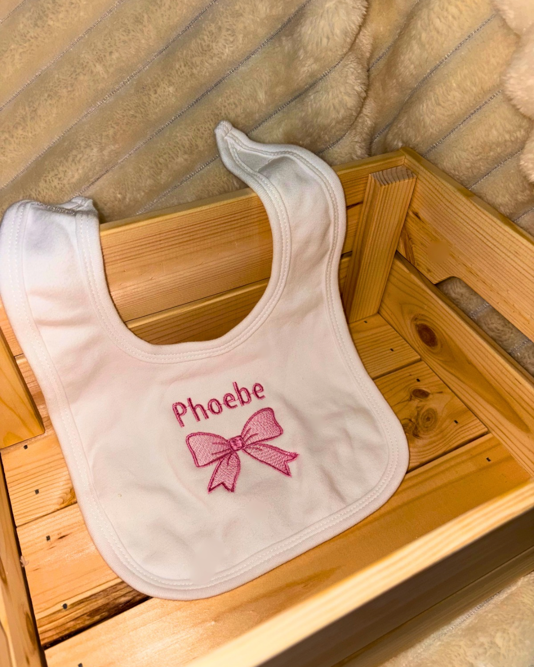 Bow Design Bib | Velcro fastening bib | 100% cotton |Embroidered | Any Name Can Be Added | Personalised Bib