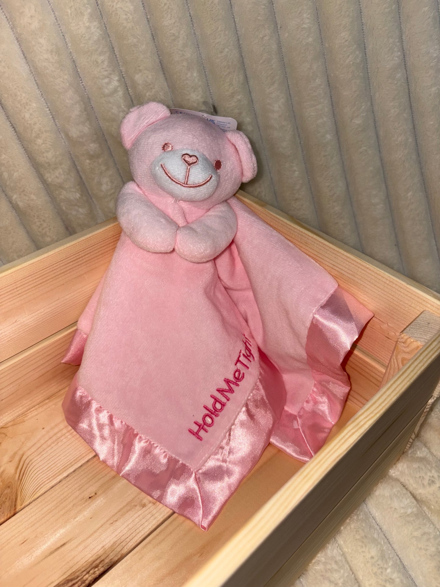 Pink Baby Comforter – Embroidered “Hold Me Tight” | Soft Snuggle Toy for Newborns & Toddlers