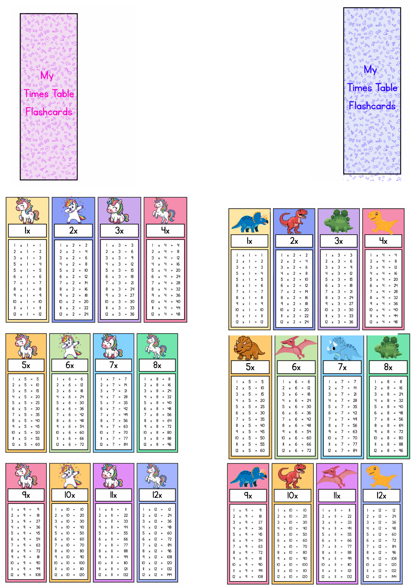 Times Tables Bookmark Flashcards | Unicorn or Dinosaur Multiplication Cards for Kids | Clip-Bound Maths Revision Aid | Primary School Learn