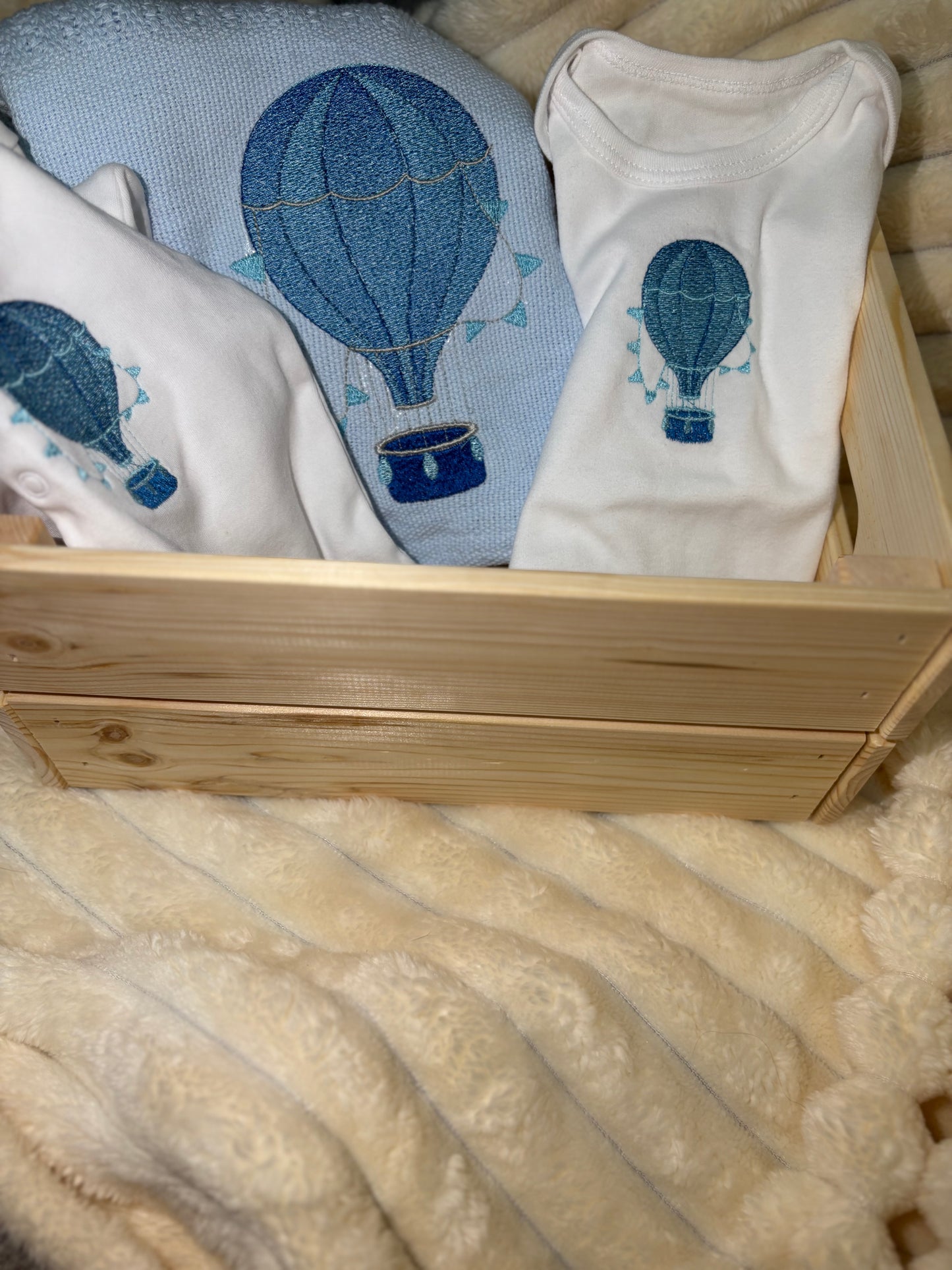 Blue Cellular Blanket, Sleepsuit and Vest Set- Hot Air Balloon Design