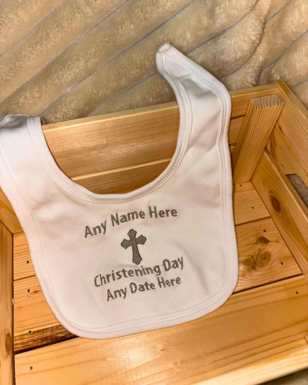 Christening Bib | Velcro fastening bib | 100% cotton |Embroidered | Any Details Can Be Added  | Text also available in pink or blue| Personalised Bib
