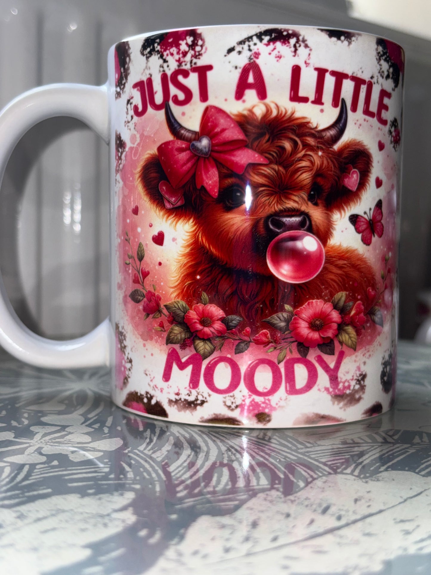 Just a Little Moody Highland Cow Mug - Pink Leopard Print Coffee Cup, Cute Farm Animal Mug, Funny Gift for Her, Novelty Hot Chocolate Mug
