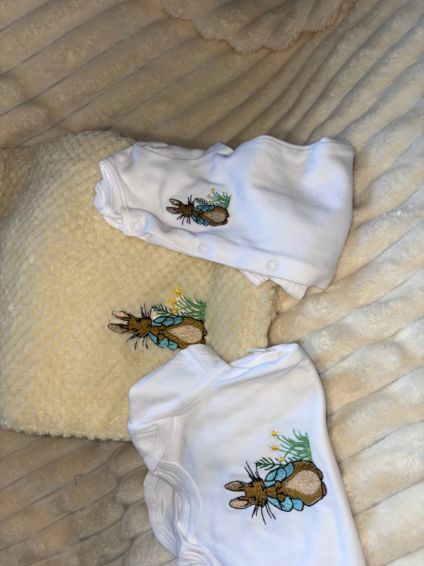 Peter Rabbit Baby Bundle- Pale Yellow Blanket, Babygrow and Vest Handmade Embroidered