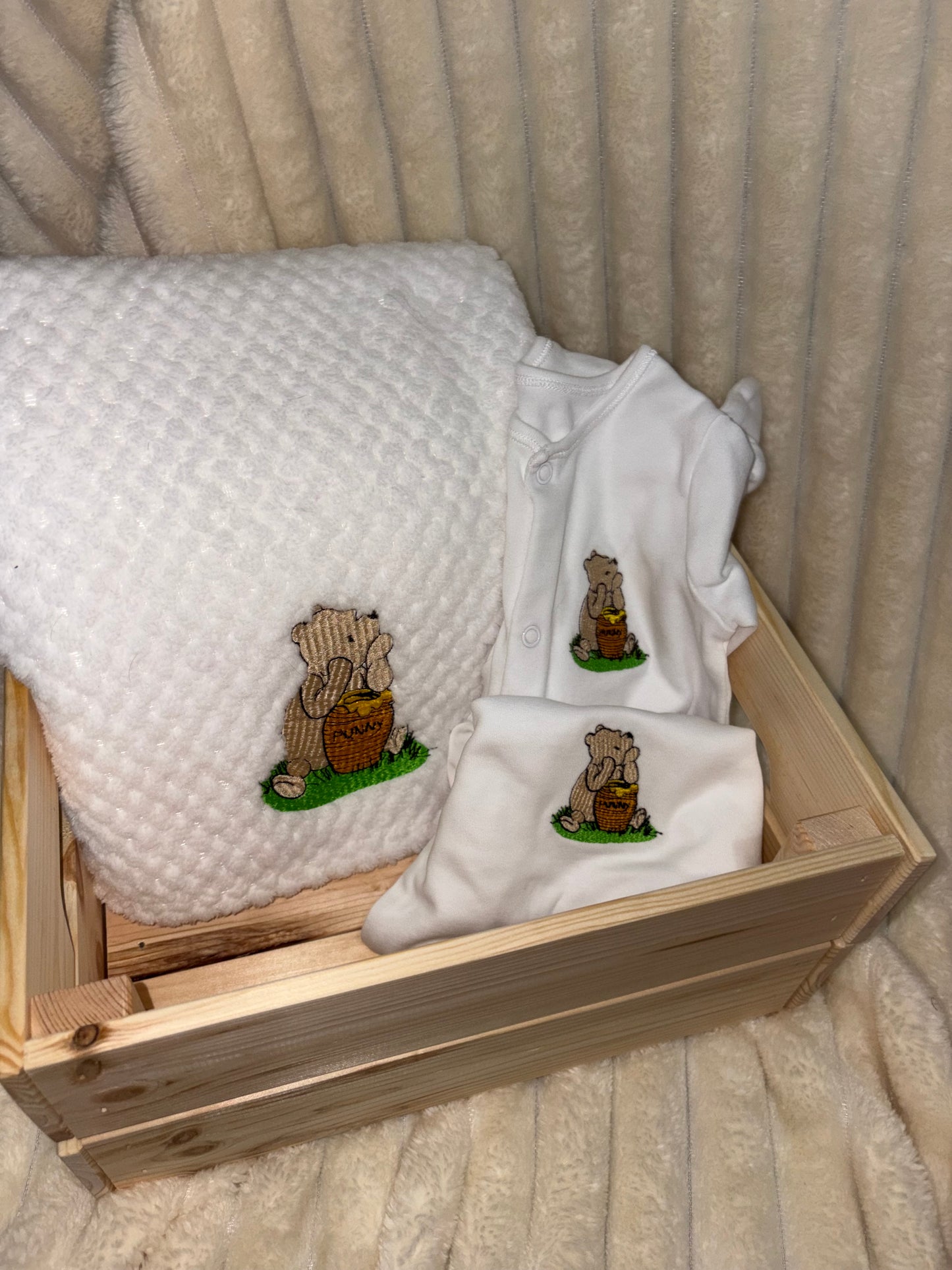 Winnie Pooh Baby Bundle- White Blanket, Babygrow and Vest Handmade Embroidered