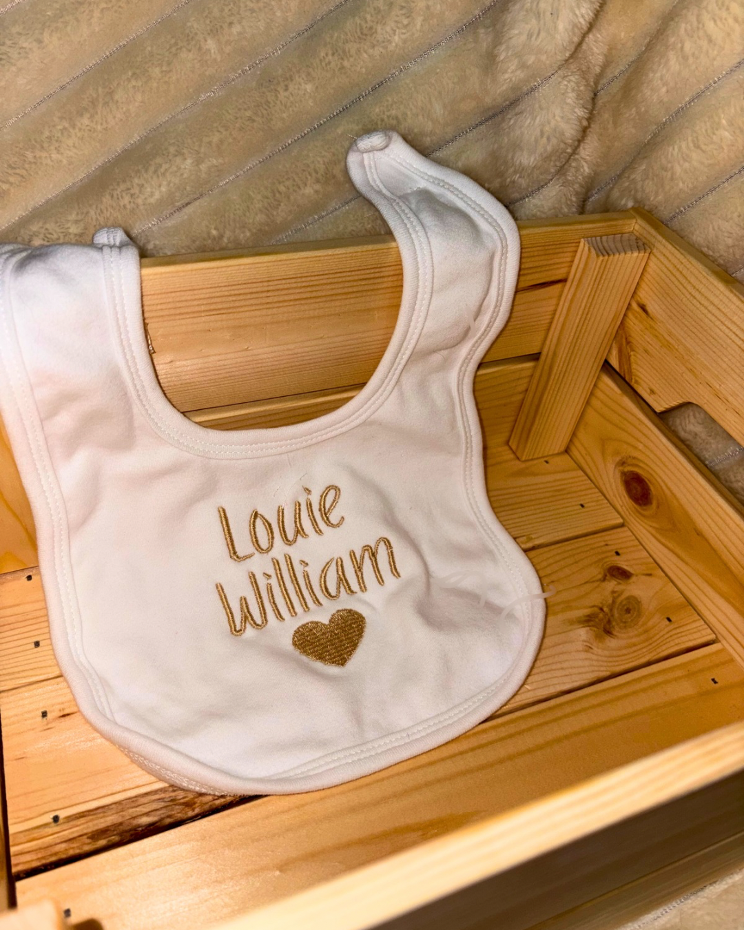 Personalised Baby Name Bib –  Embroidered Heart Design | Velcro fastening bib | 100% cotton | Also available in other colours