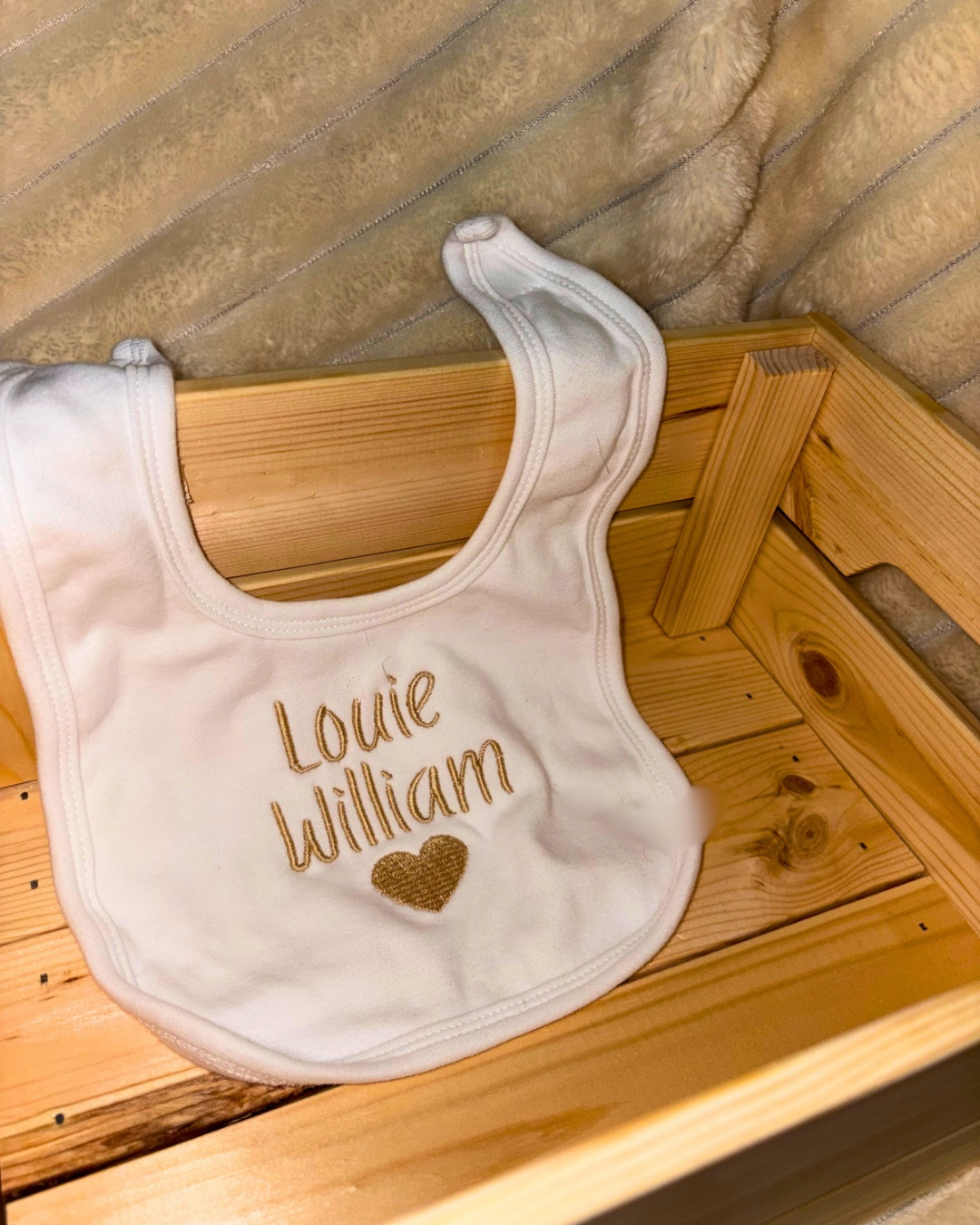 Personalised Baby Name Bib –  Embroidered Heart Design | Velcro fastening bib | 100% cotton | Also available in other colours