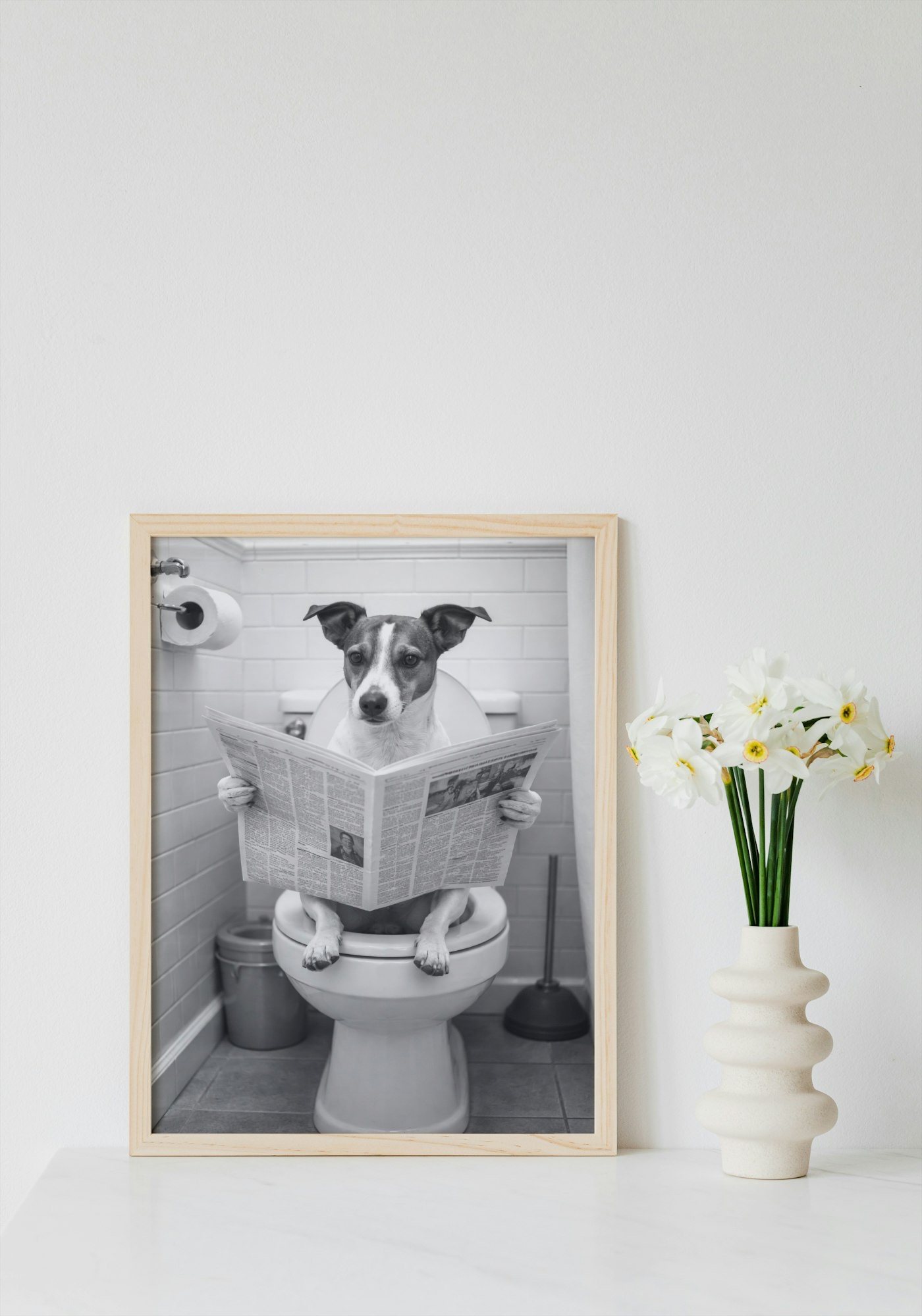 Dog on Toilet With Newspaper Wall Art Printable | Cute Print | Bathroom Home Decor | Digital Download A4 and A5