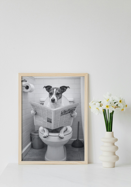 Dog on Toilet With Newspaper Wall Art Printable | Cute Print | Bathroom Home Decor | Digital Download A4 and A5