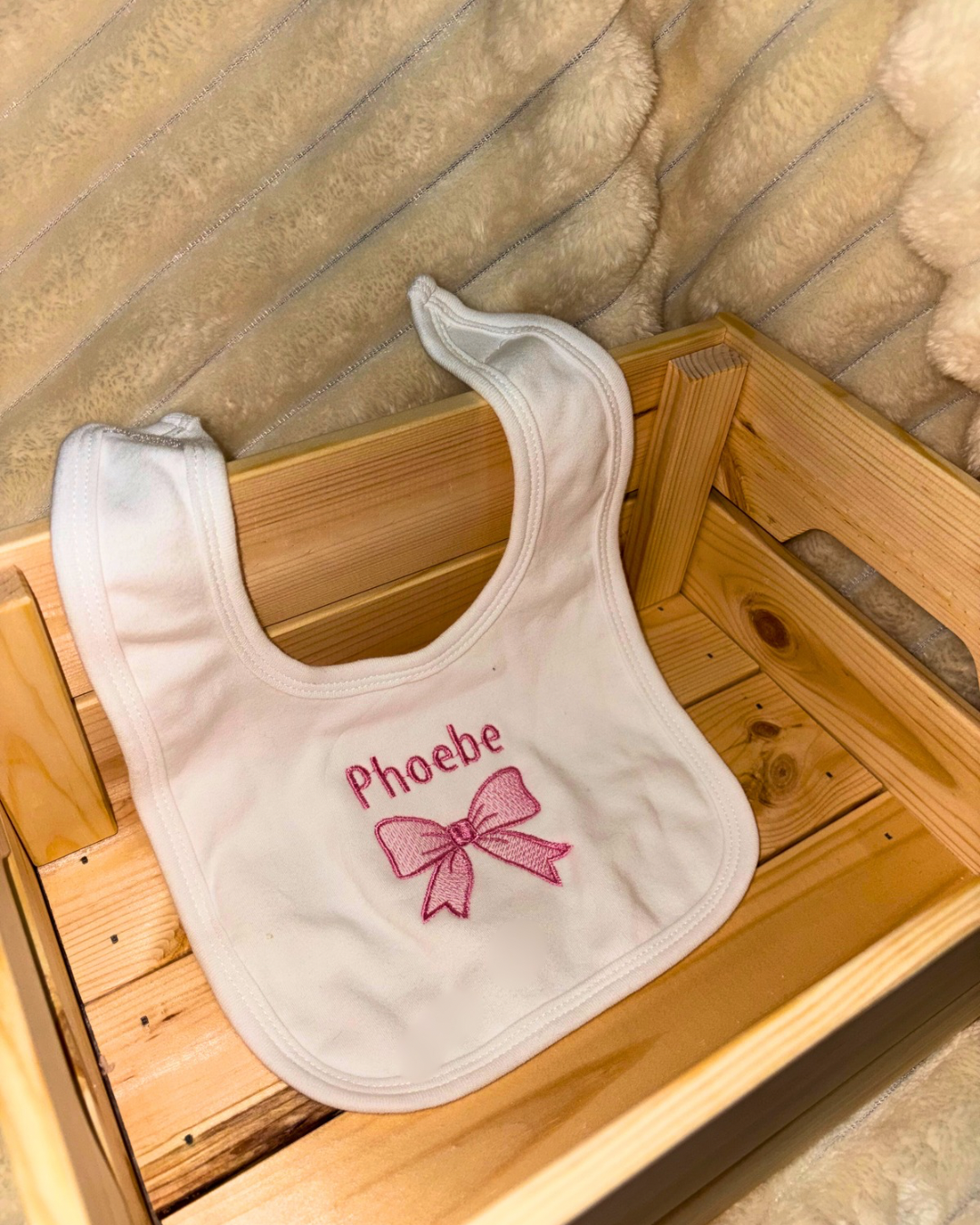 Bow Design Bib | Velcro fastening bib | 100% cotton |Embroidered | Any Name Can Be Added | Personalised Bib