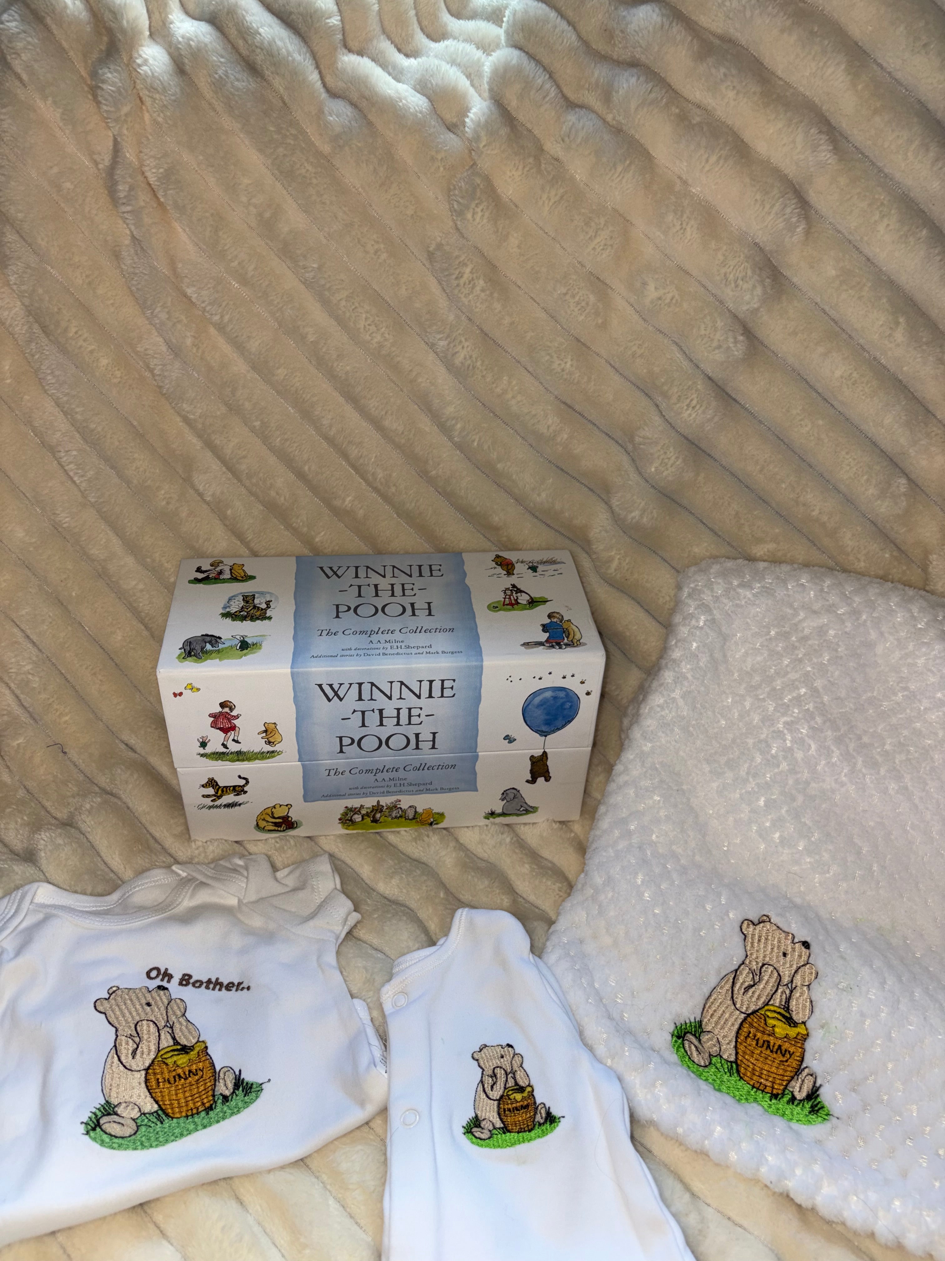Winnie Pooh Baby Bundle- White Blanket, Babygrow and Vest Handmade Embroidered