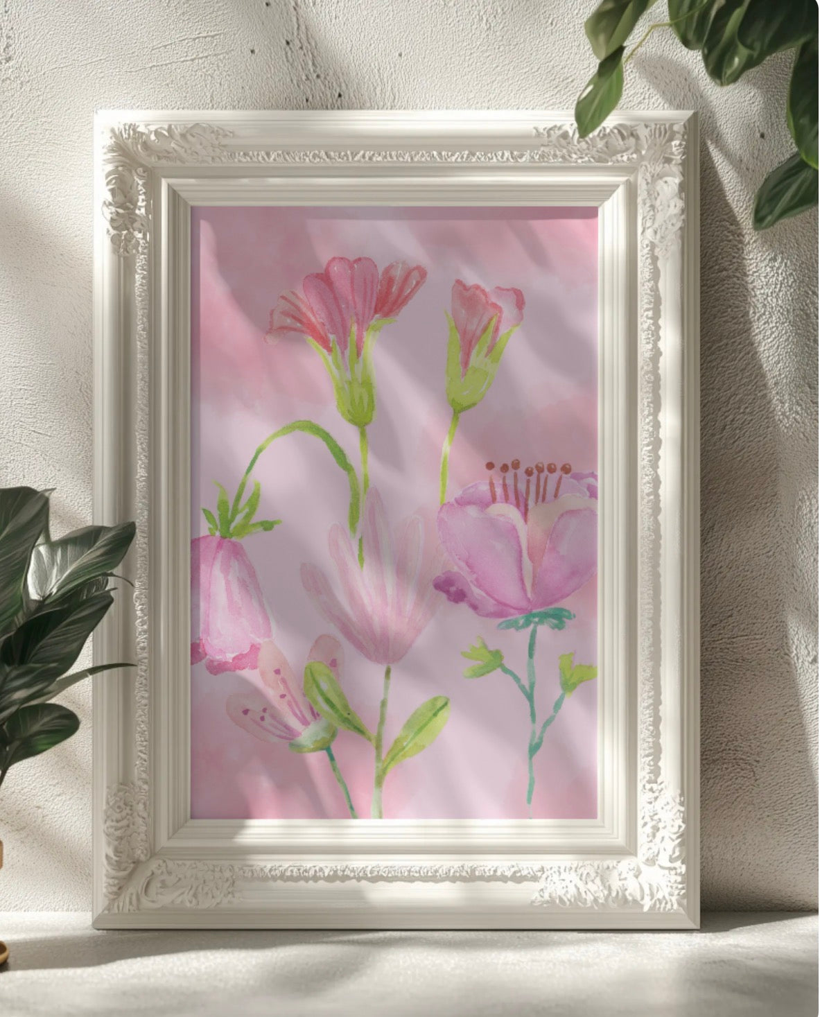Pink Flowers Wall Art Printable | Cute Print | Home Decor | Digital Download A4 and A5