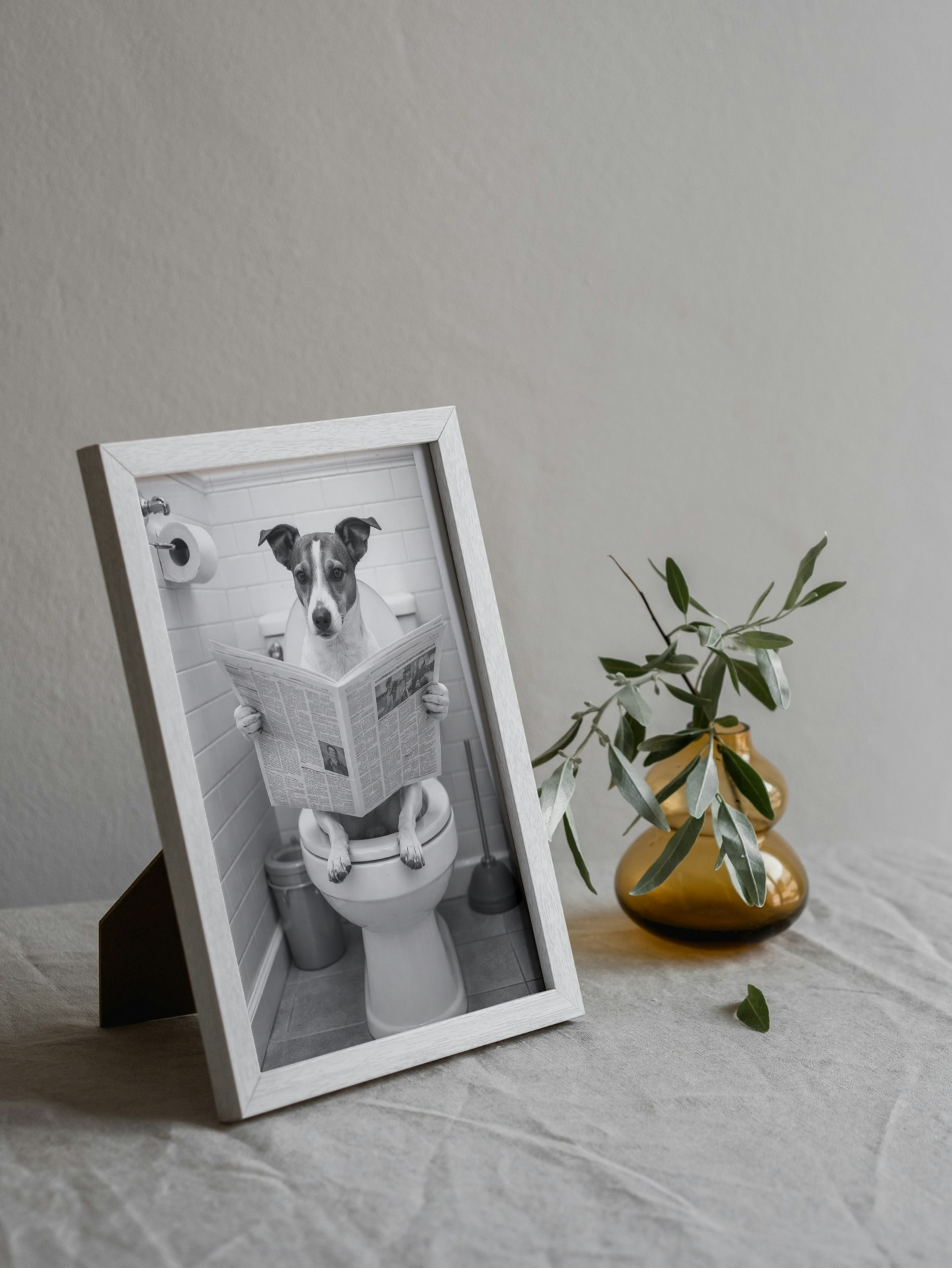 Dog on Toilet With Newspaper Wall Art Printable | Cute Print | Bathroom Home Decor | Digital Download A4 and A5