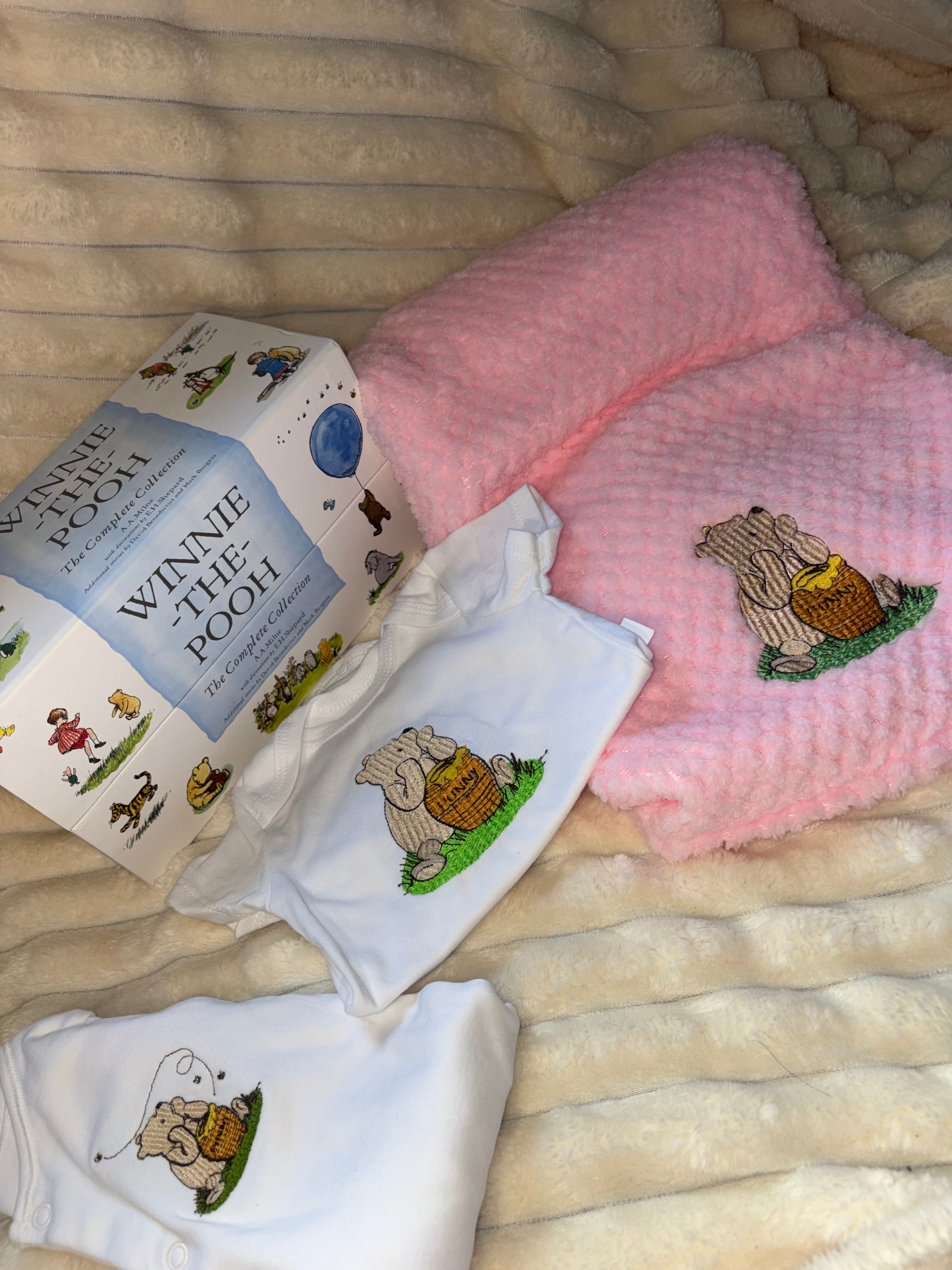 Winnie Pooh Baby Bundle- Pink Blanket, Babygrow and Vest Handmade Embroidered