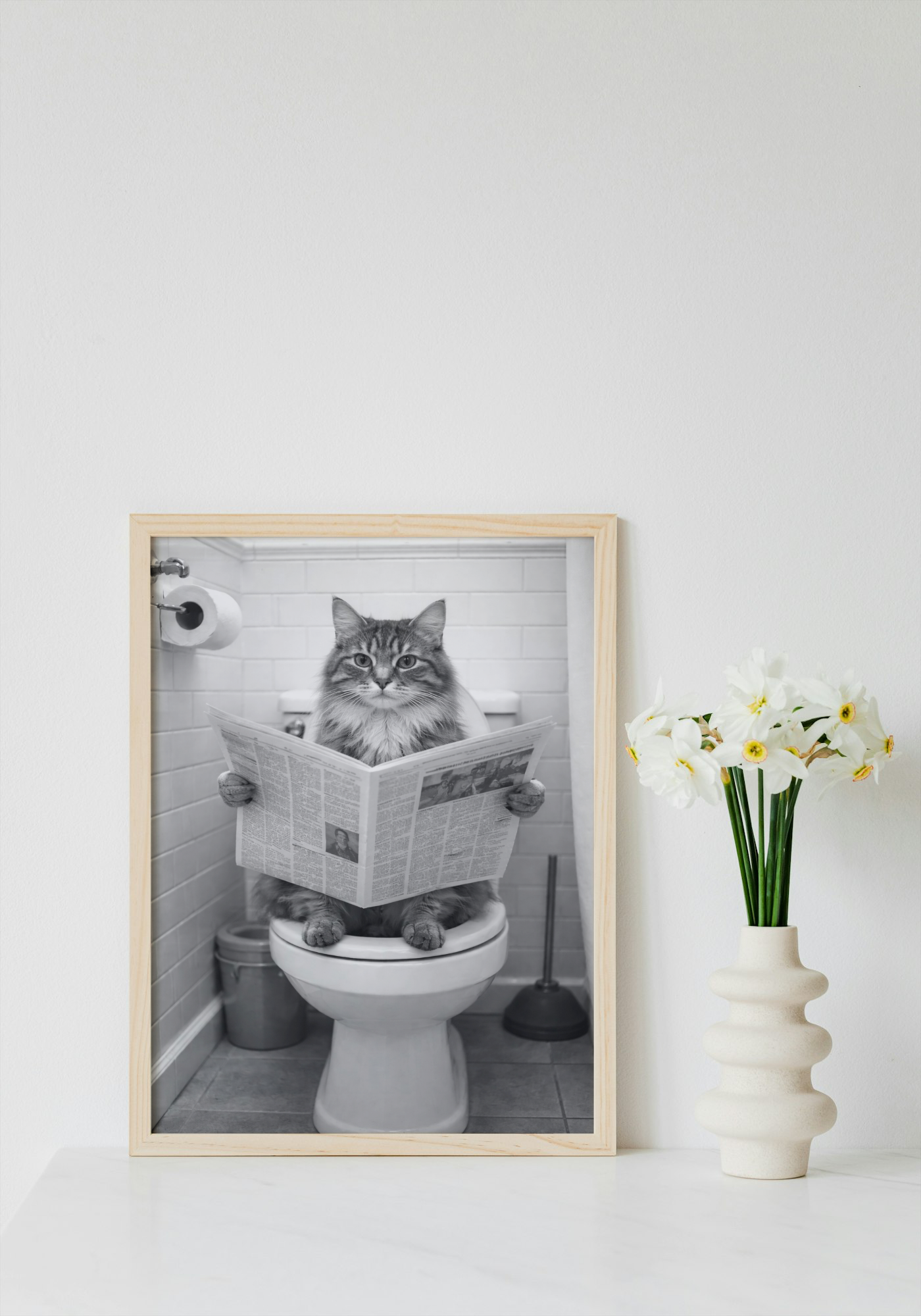 Cat on Toilet With Newspaper Wall Art Printable | Cute Print | Bathroom Home Decor | Digital Download A4 and A5