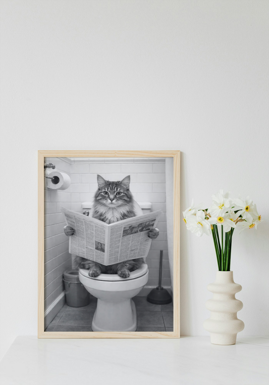 Cat on Toilet With Newspaper Wall Art Printable | Cute Print | Bathroom Home Decor | Digital Download A4 and A5