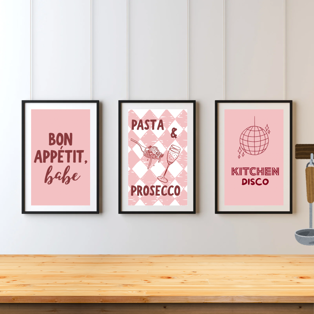 Kitchen Set of 3 Girly Wall Art Printable | Pink Kitchen Print | Girly Home Decor | Digital Download A4 and A5