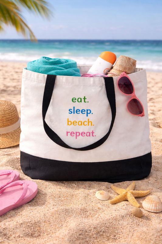 Eat, Sleep Beach, Repeat, Rainbow Tote Bag | Summer Vacation Accessory | Cute Beach Canvas Bag |  Two-Tone Beach Bag