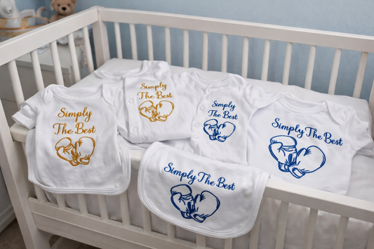 Custom Boxing Fan Baby Gift Set - Personalised Name or "Simply The Best" Embroidered Bib, Vest & Sleepsuit - Handmade Baby Clothes for Little Champions