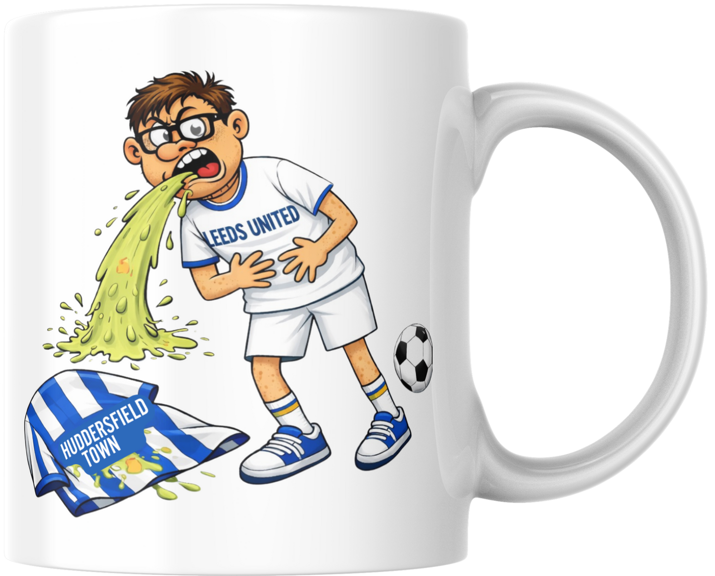 Funny Leeds United Mug – Throwing Up on Huddersfield Shirt