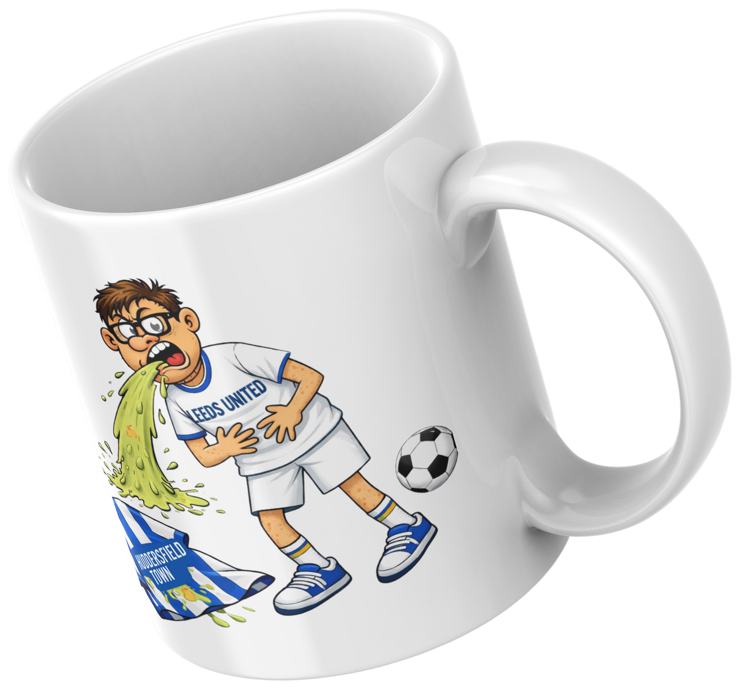 Funny Leeds United Mug – Throwing Up on Huddersfield Shirt