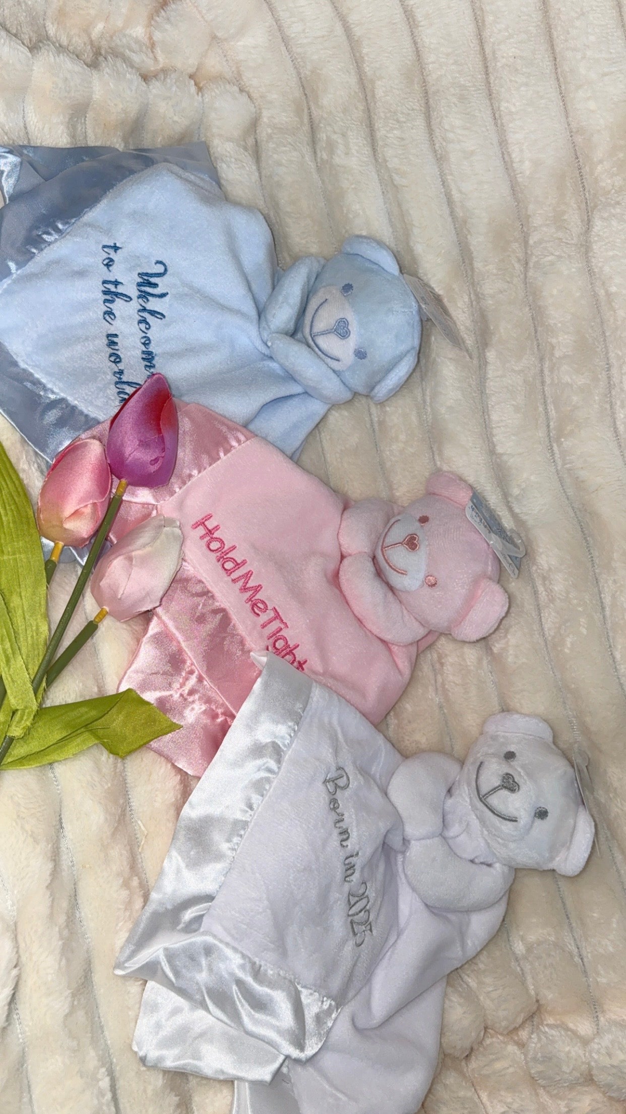 Custom Teddy Baby Comforter – Embroidered Security Blanket with Name or Message.