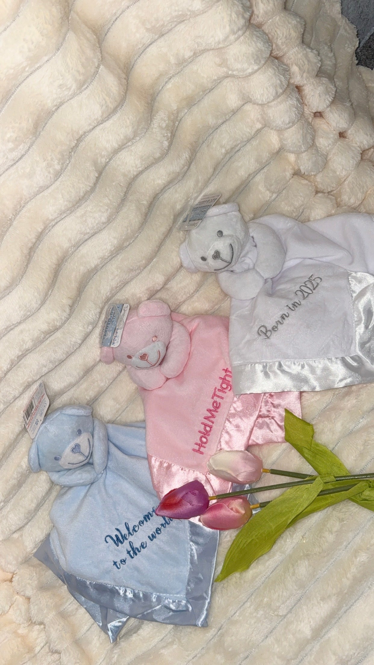 Custom Teddy Baby Comforter – Embroidered Security Blanket with Name or Message.
